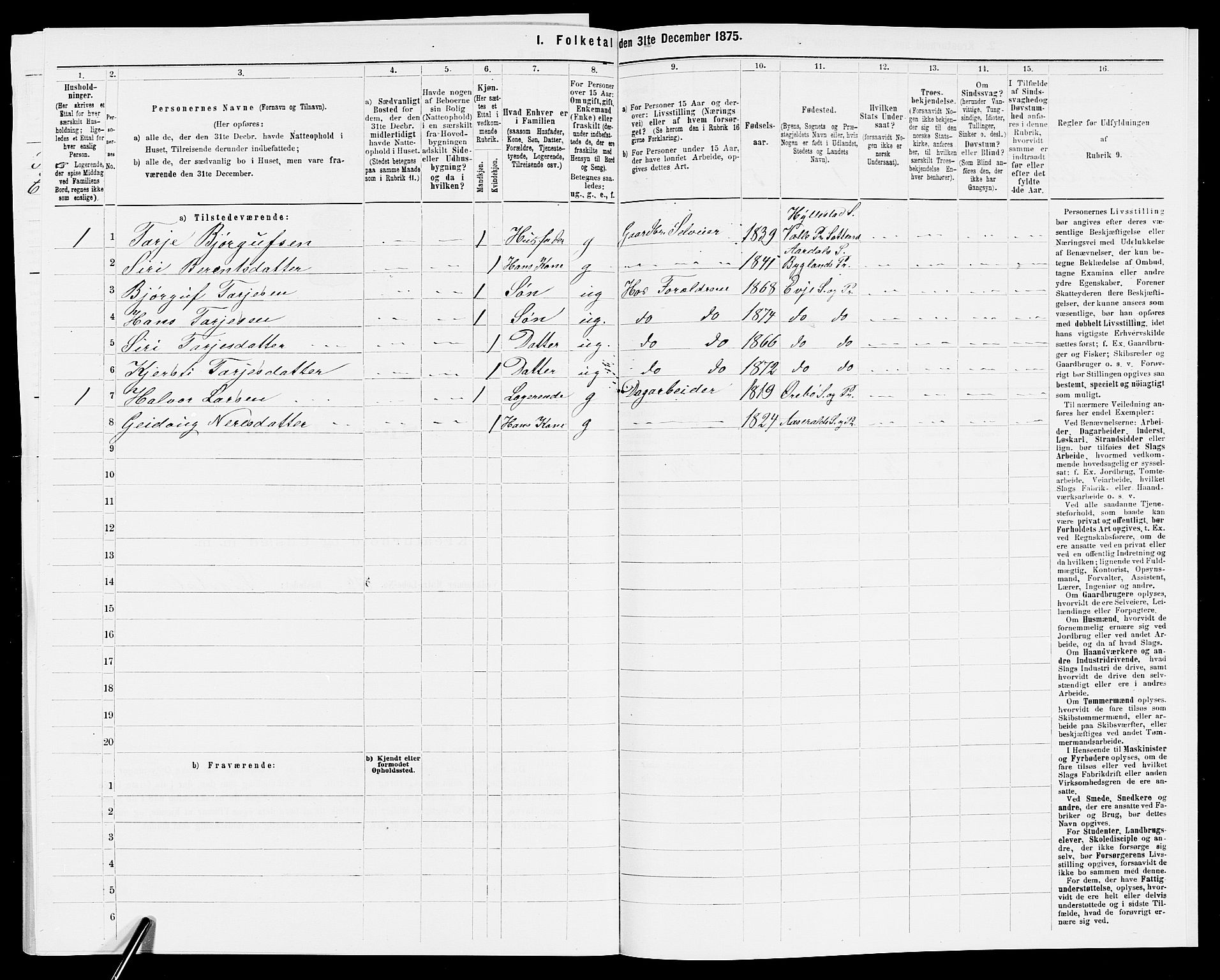 SAK, 1875 census for 0934P Evje, 1875, p. 182