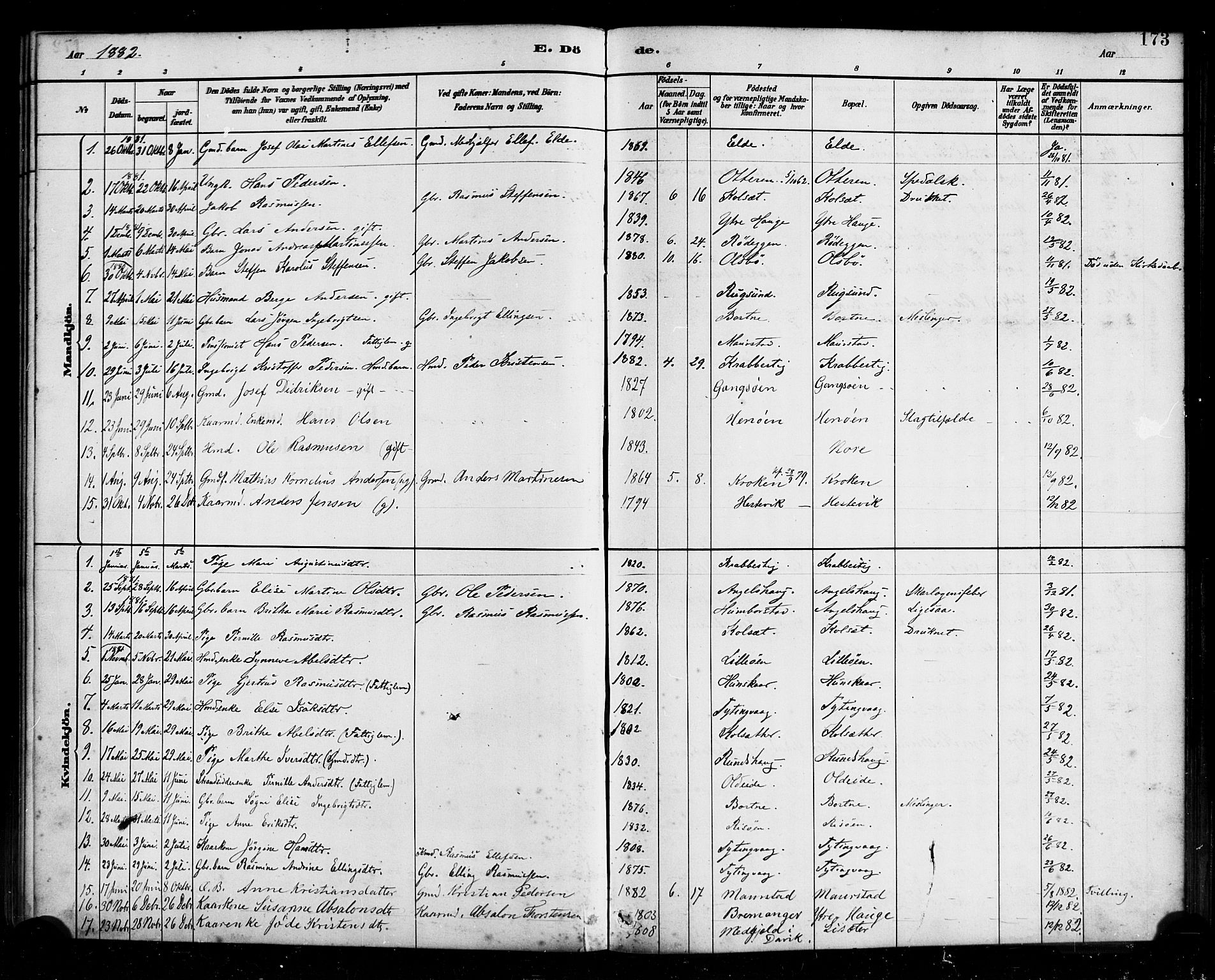 Davik sokneprestembete, SAB/A-79701/H/Haa/Haad/L0001: Parish register (official) no. D 1, 1882-1900, p. 173