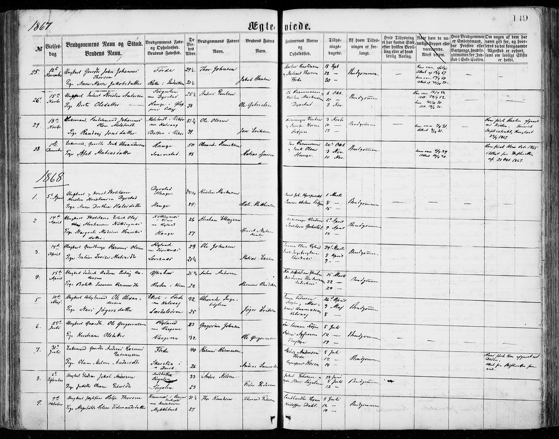 Bremanger sokneprestembete, SAB/A-82201/H/Haa/Haaa/L0001: Parish register (official) no. A  1, 1864-1883, p. 149