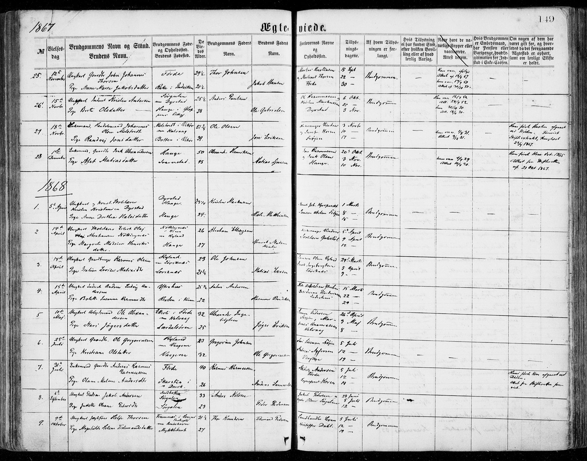 Bremanger sokneprestembete, AV/SAB-A-82201/H/Haa/Haaa/L0001: Parish register (official) no. A  1, 1864-1883, p. 149