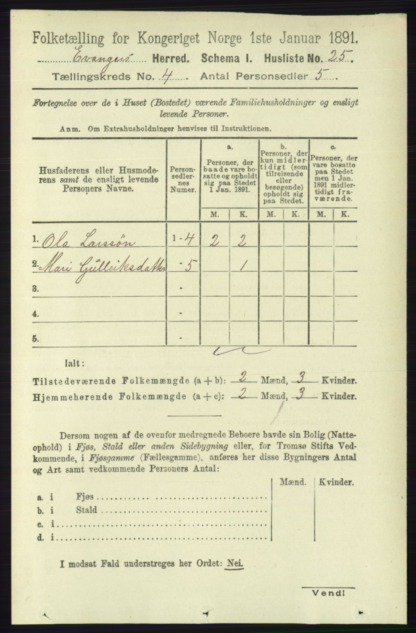 RA, 1891 census for 1237 Evanger, 1891, p. 1131