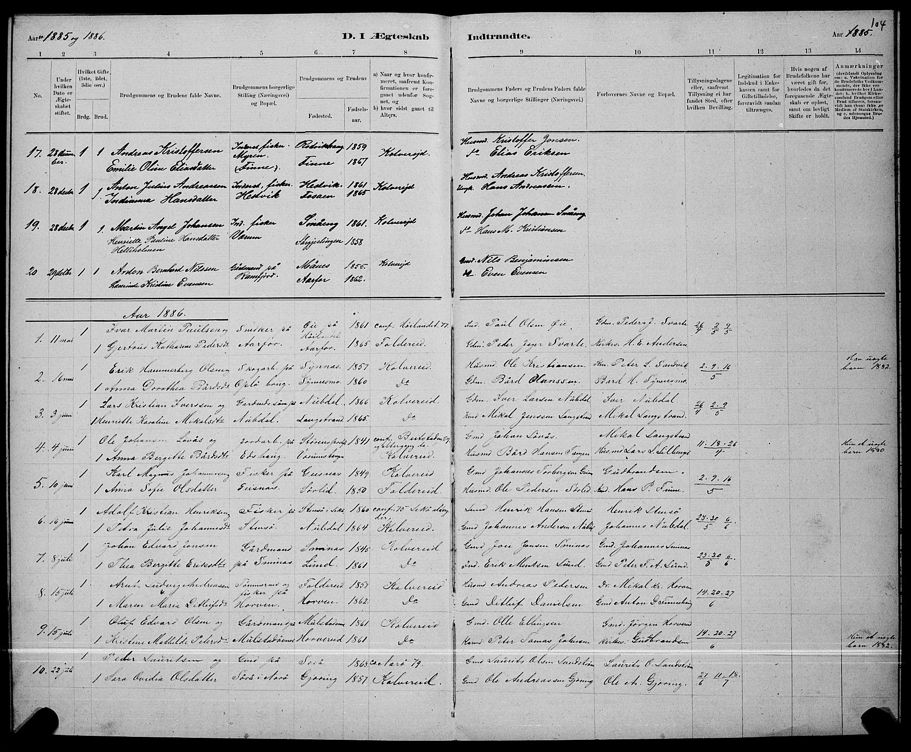 Ministerialprotokoller, klokkerbøker og fødselsregistre - Nord-Trøndelag, SAT/A-1458/780/L0651: Parish register (copy) no. 780C03, 1884-1898, p. 104