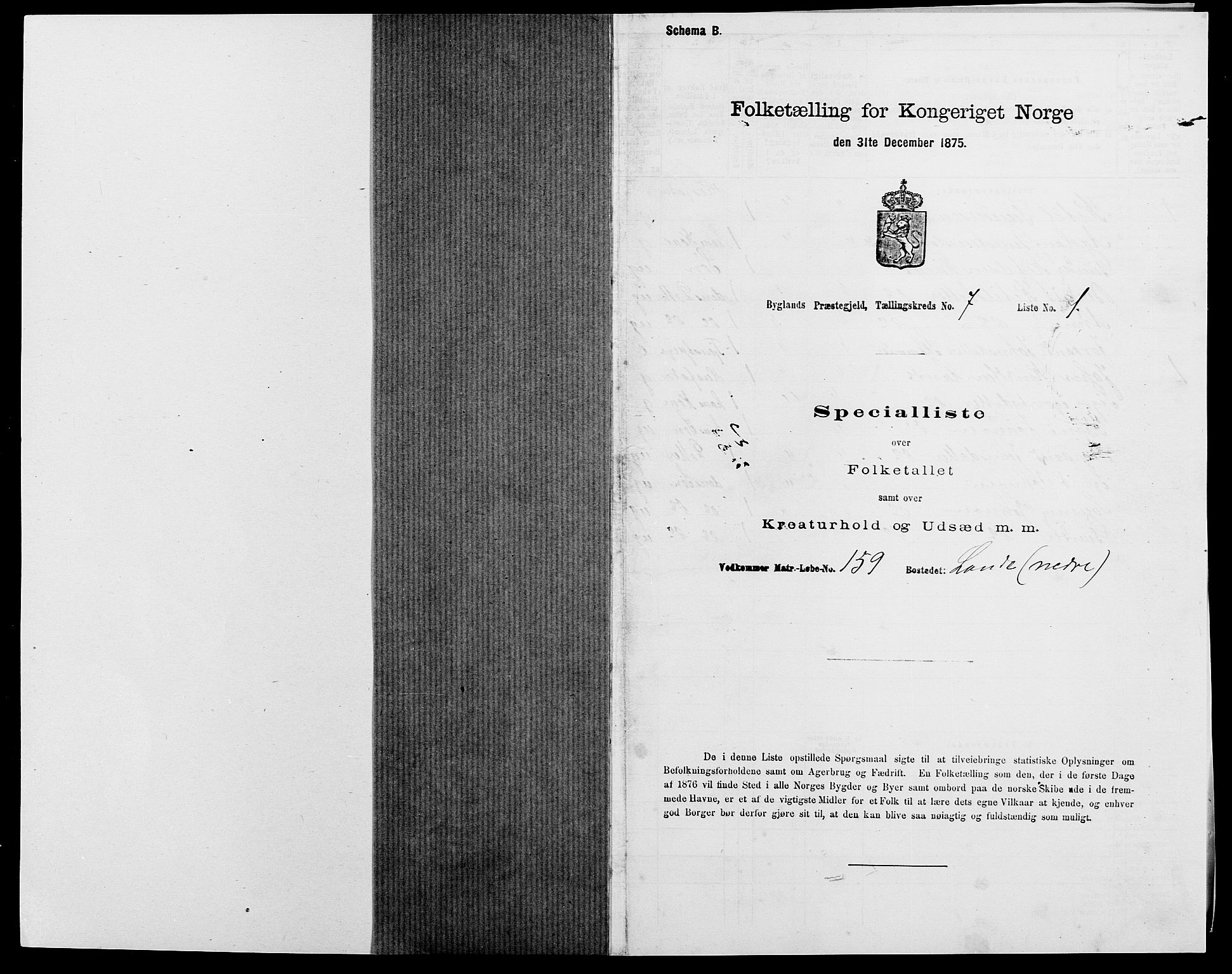 SAK, 1875 census for 0938P Bygland, 1875, p. 589
