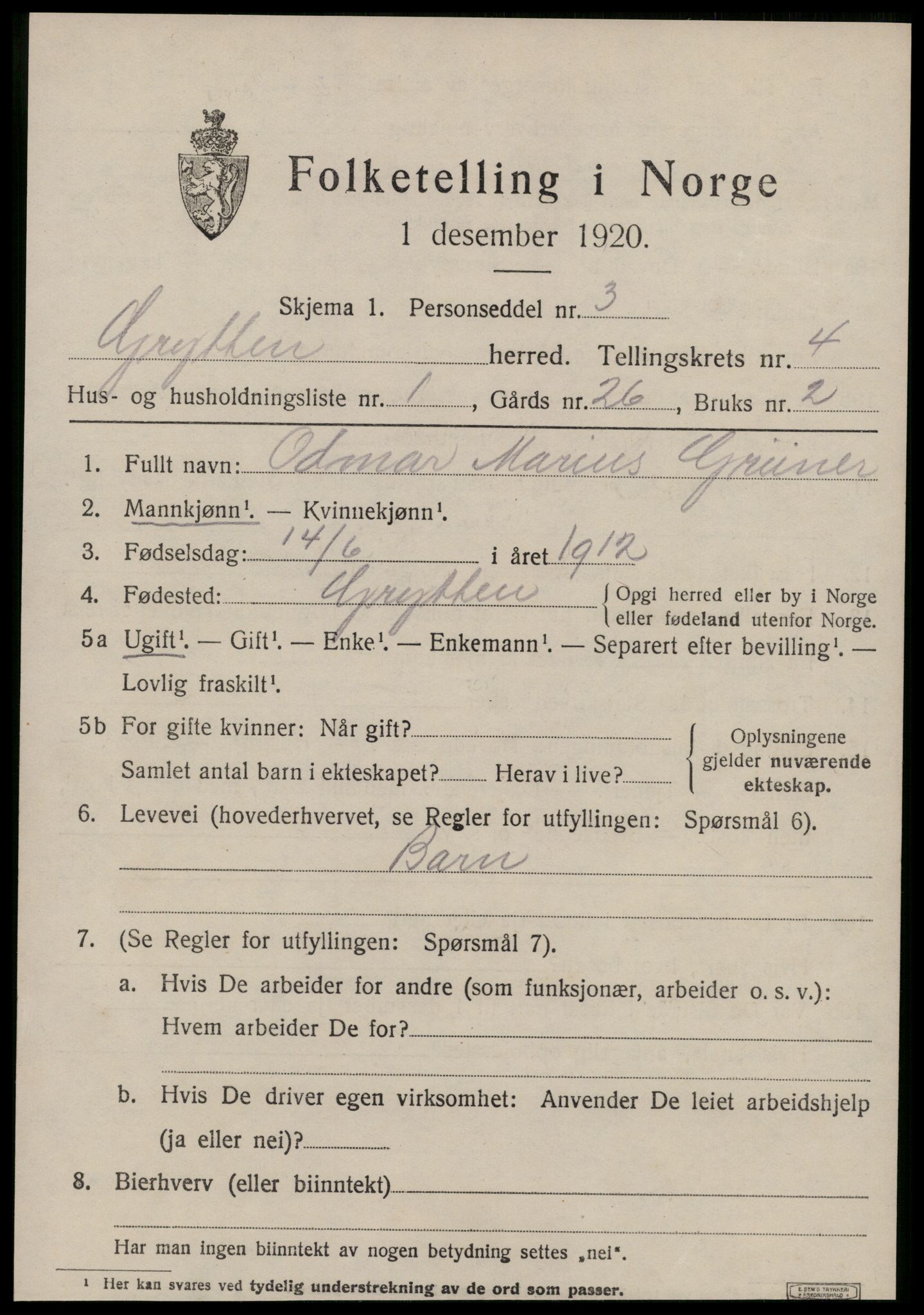 SAT, 1920 census for Grytten, 1920, p. 2624