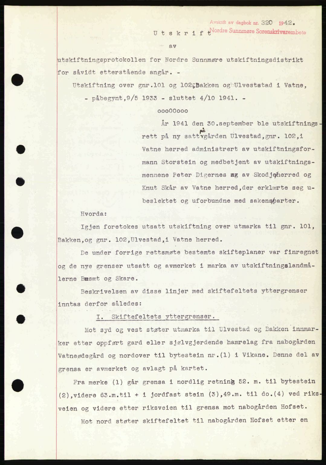 Nordre Sunnmøre sorenskriveri, AV/SAT-A-0006/1/2/2C/2Ca: Mortgage book no. A13, 1942-1942, Diary no: : 320/1942