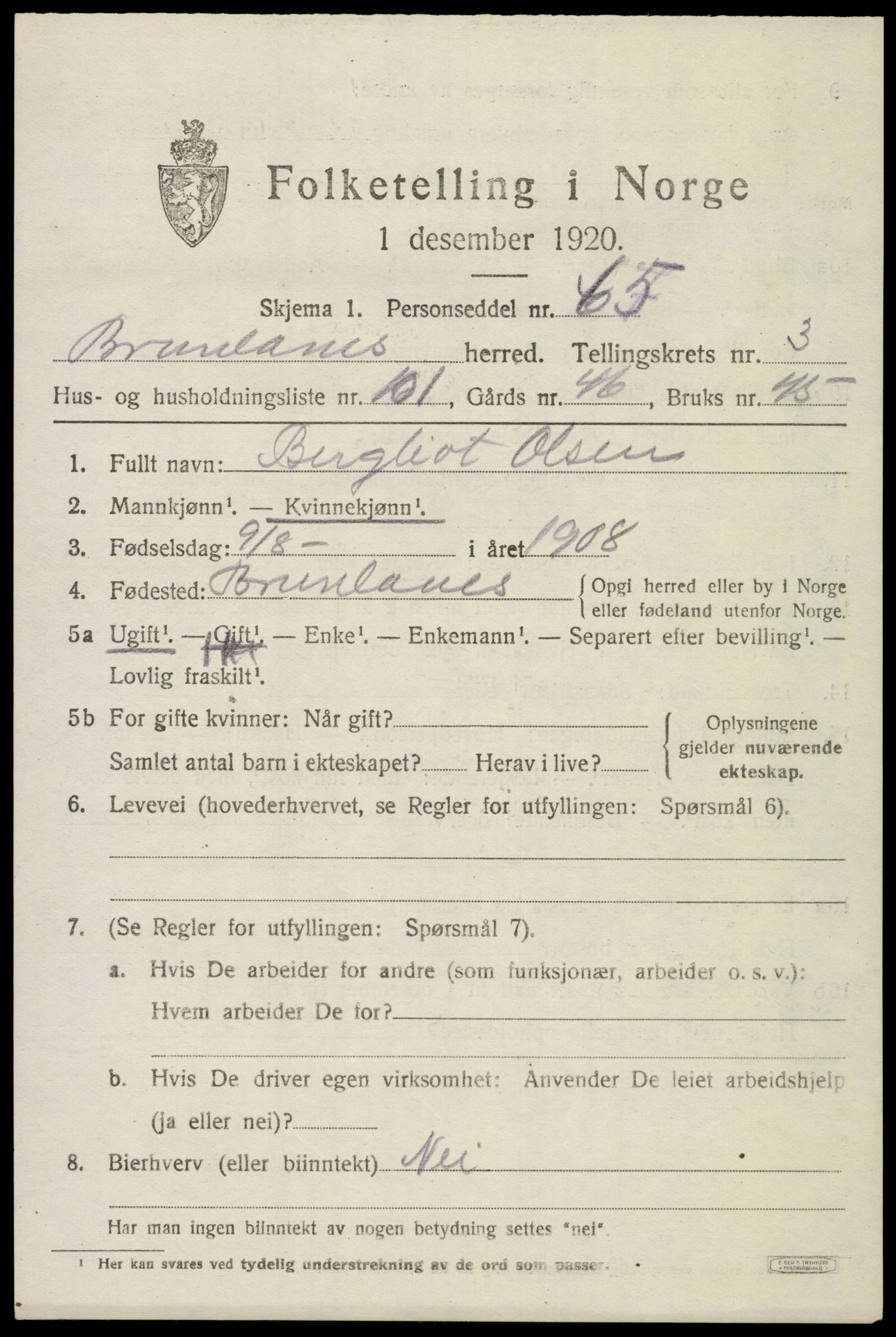 SAKO, 1920 census for Brunlanes, 1920, p. 6097