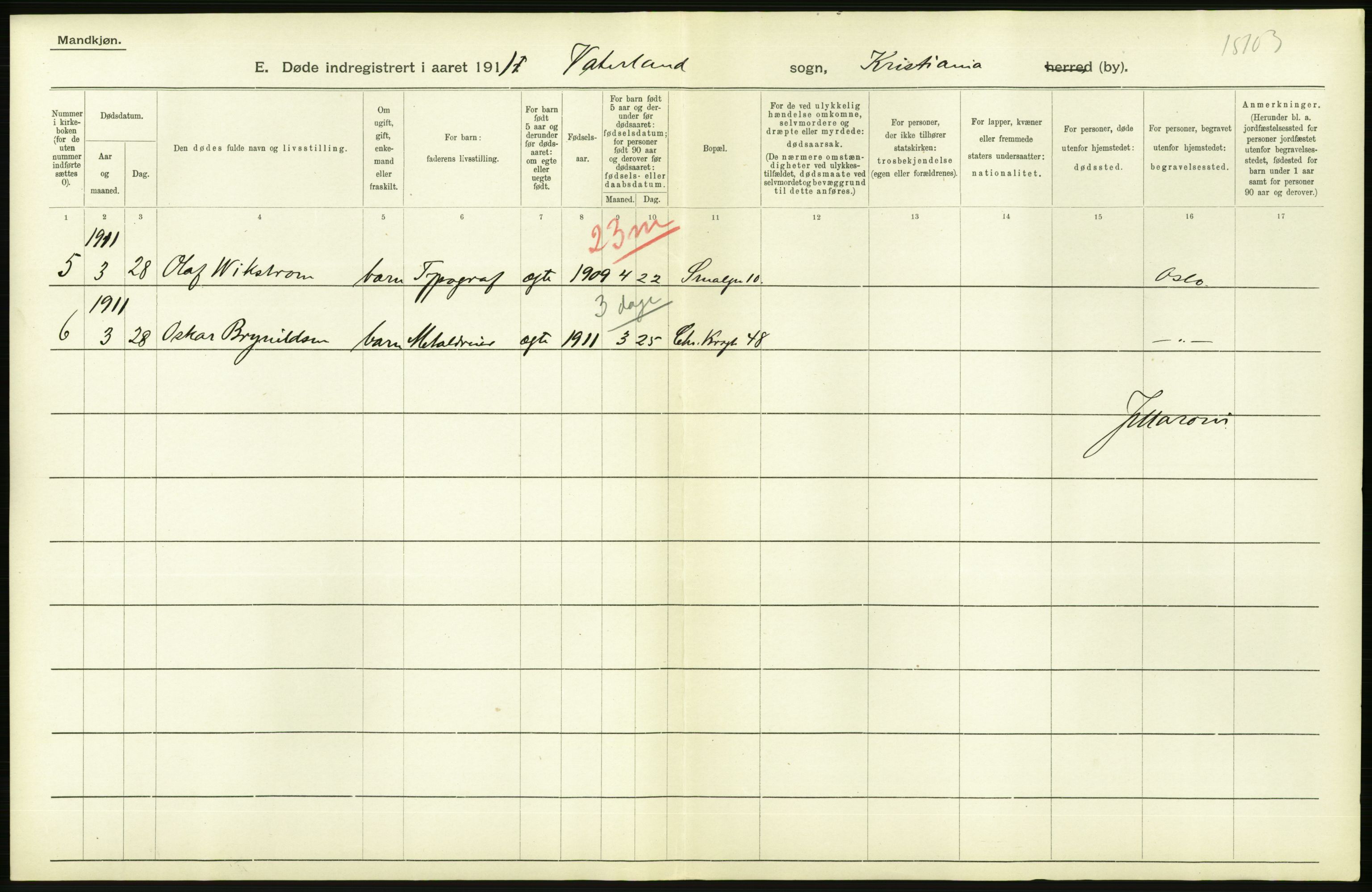 Statistisk sentralbyrå, Sosiodemografiske emner, Befolkning, AV/RA-S-2228/D/Df/Dfb/Dfba/L0009: Kristiania: Døde menn, 1911, p. 530