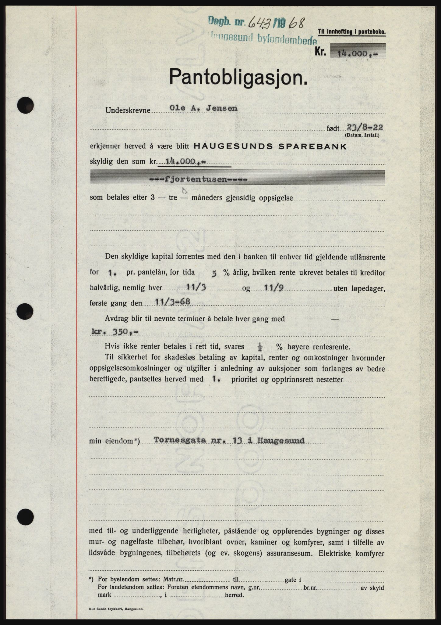 Haugesund tingrett, SAST/A-101415/01/II/IIC/L0058: Mortgage book no. B 58, 1967-1968, Diary no: : 643/1968