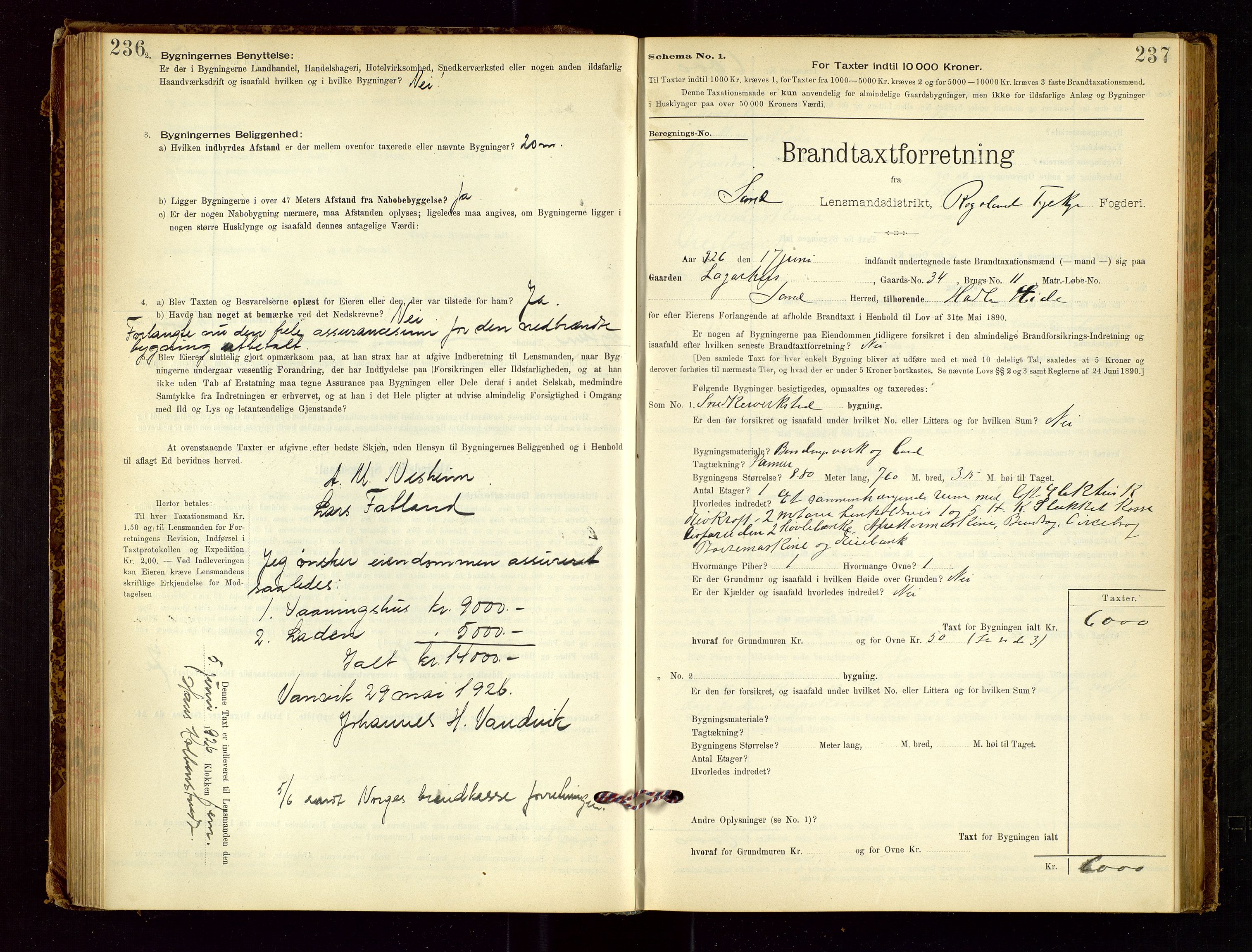 Sand lensmannskontor, AV/SAST-A-100415/Goc/L0001: "Brandtaxationsprotokol", 1895-1935, p. 236-237