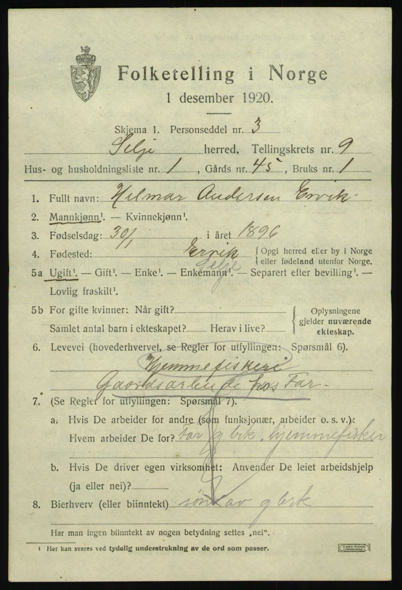 SAB, 1920 census for Selje, 1920, p. 4321