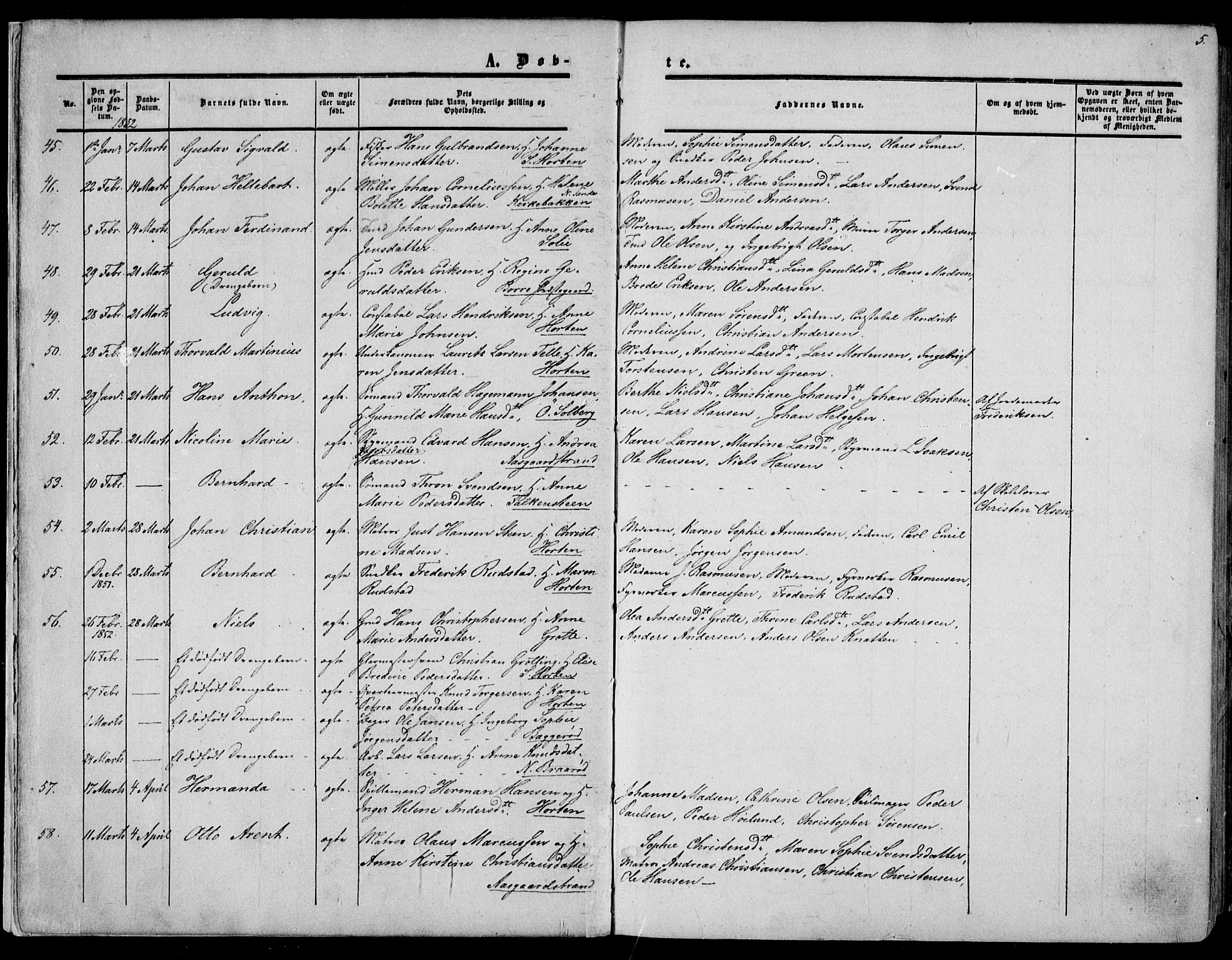 Borre kirkebøker, AV/SAKO-A-338/F/Fa/L0006: Parish register (official) no. I 6, 1852-1862, p. 5