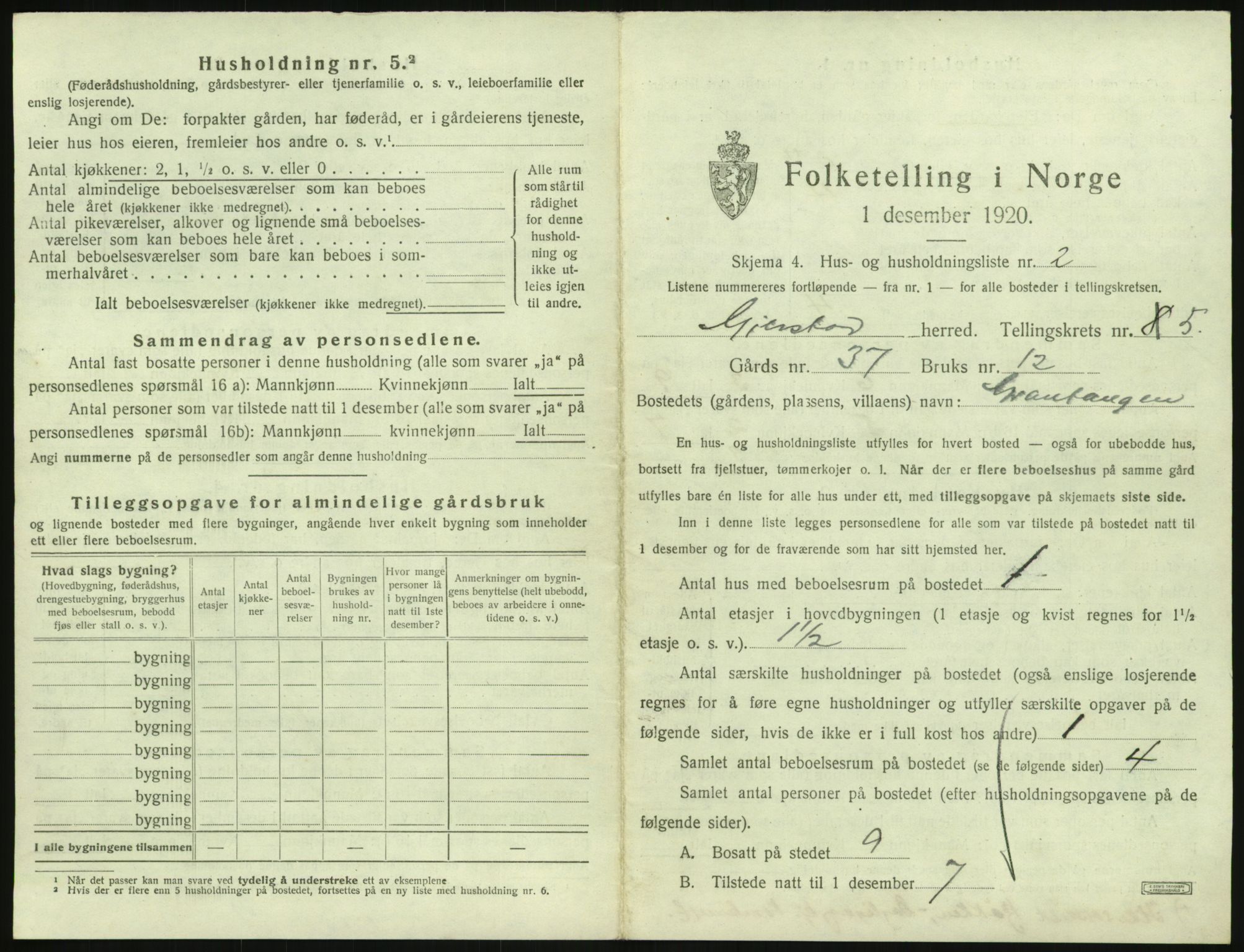 SAK, 1920 census for Gjerstad, 1920, p. 441