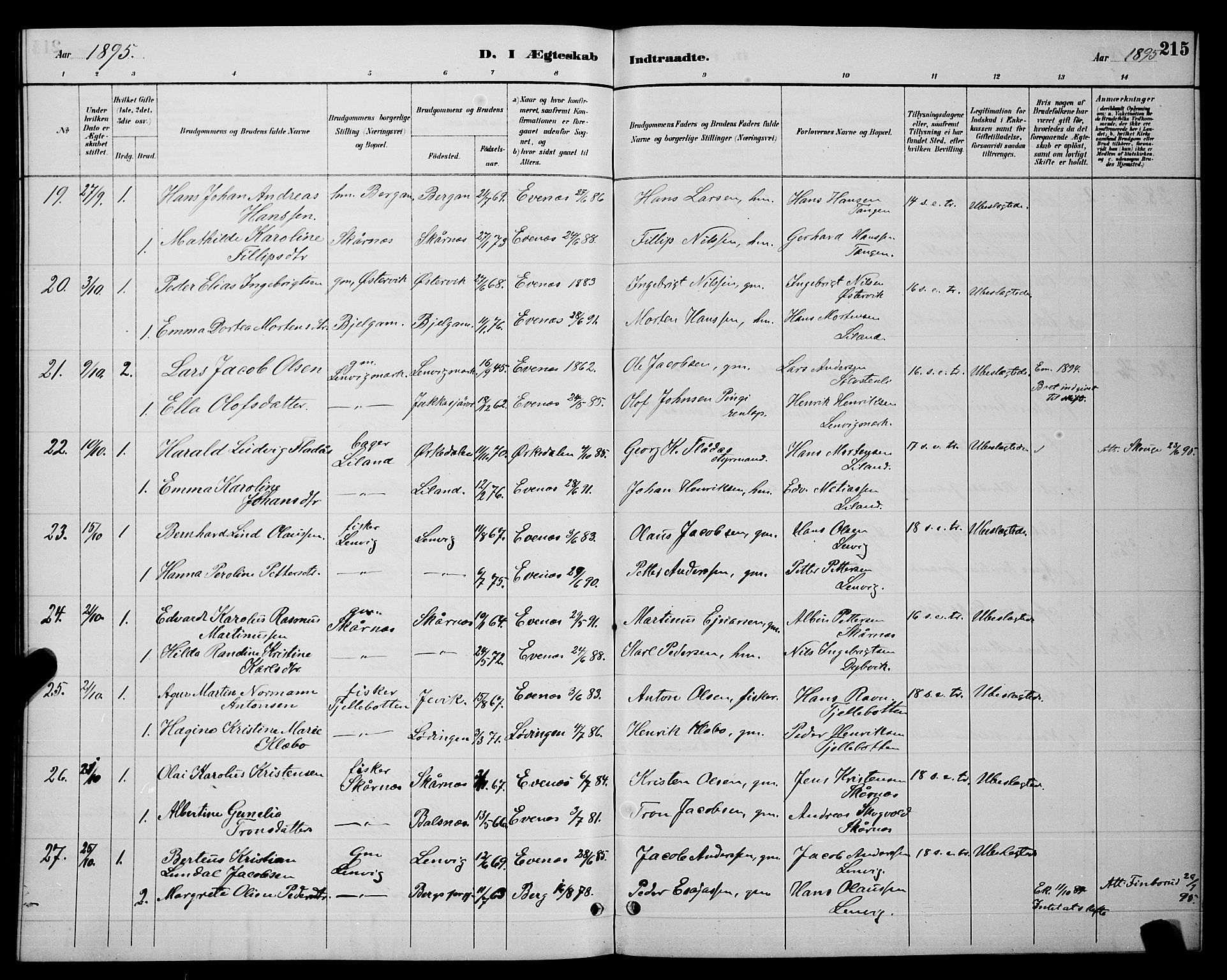 Ministerialprotokoller, klokkerbøker og fødselsregistre - Nordland, AV/SAT-A-1459/863/L0914: Parish register (copy) no. 863C04, 1886-1897, p. 215