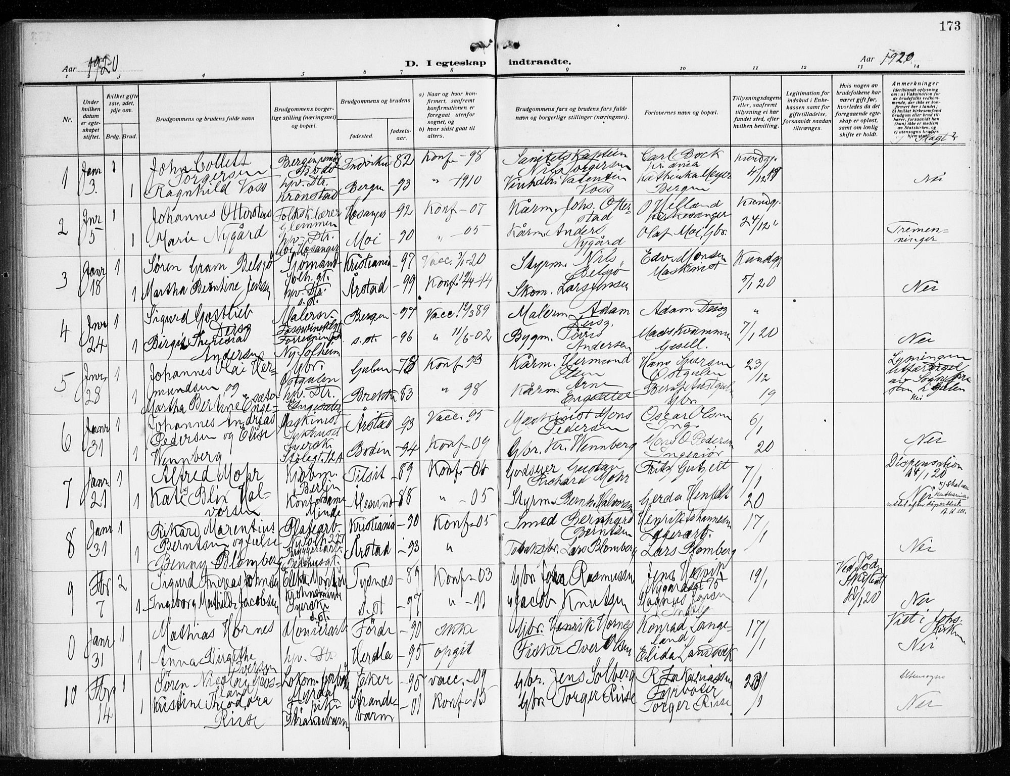 Årstad Sokneprestembete, AV/SAB-A-79301/H/Haa/L0004: Parish register (official) no. A 4, 1919-1928, p. 173