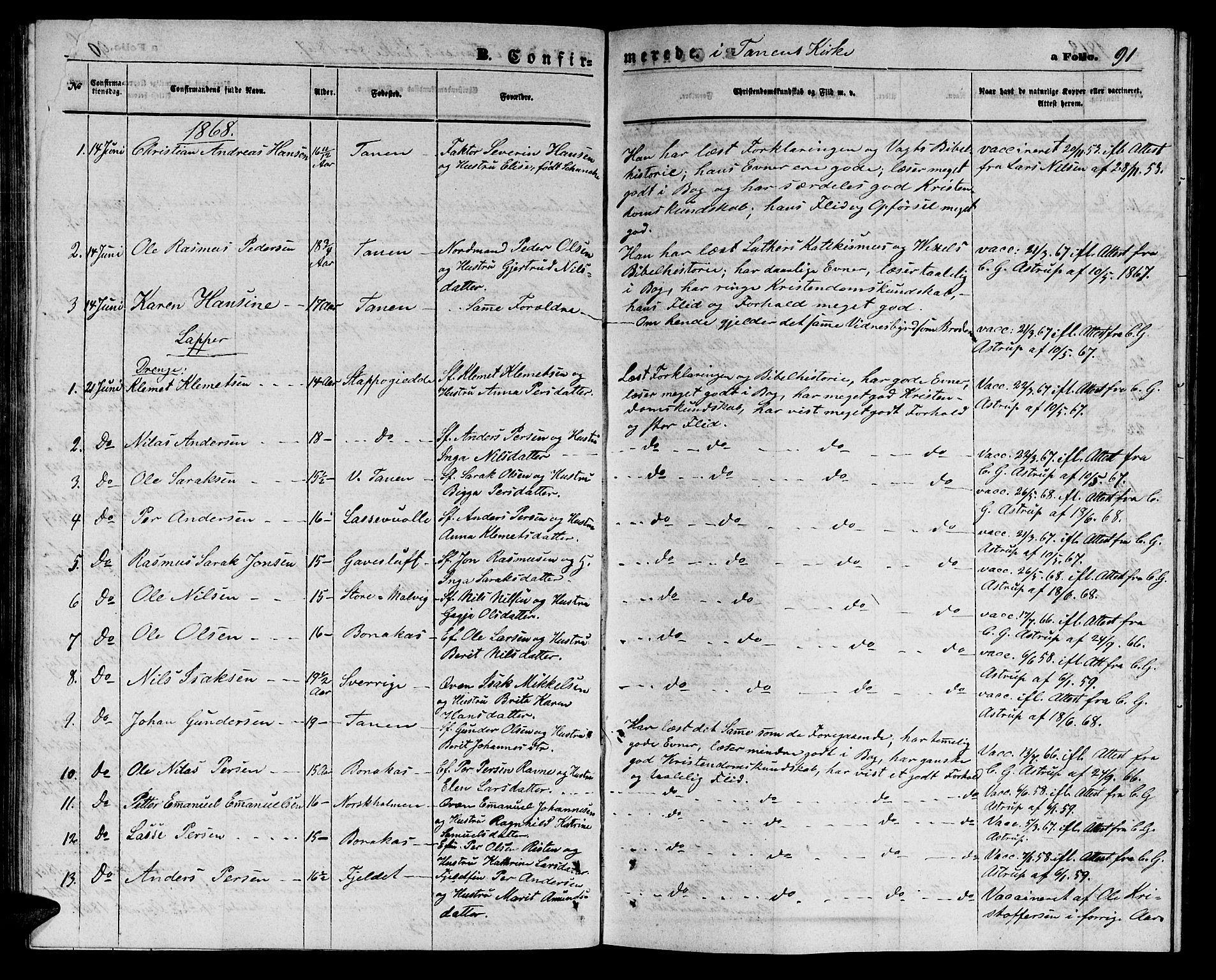 Tana sokneprestkontor, SATØ/S-1334/H/Hb/L0002klokker: Parish register (copy) no. 2 /1, 1866-1877, p. 91