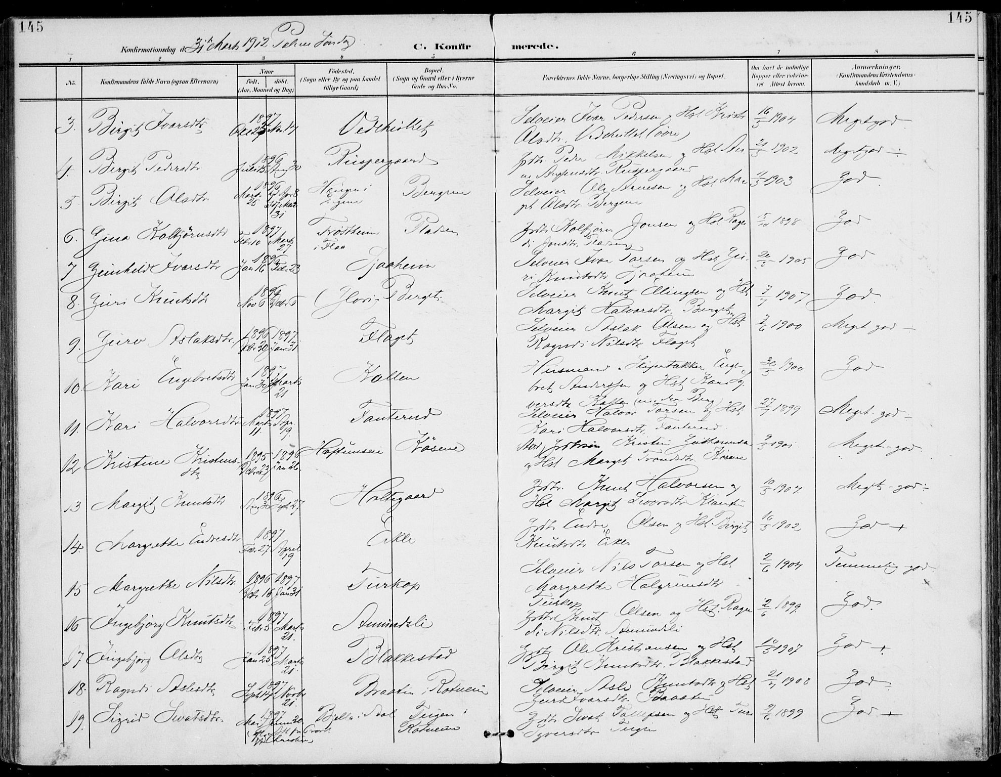 Gol kirkebøker, SAKO/A-226/F/Fa/L0006: Parish register (official) no. I 6, 1901-1918, p. 145