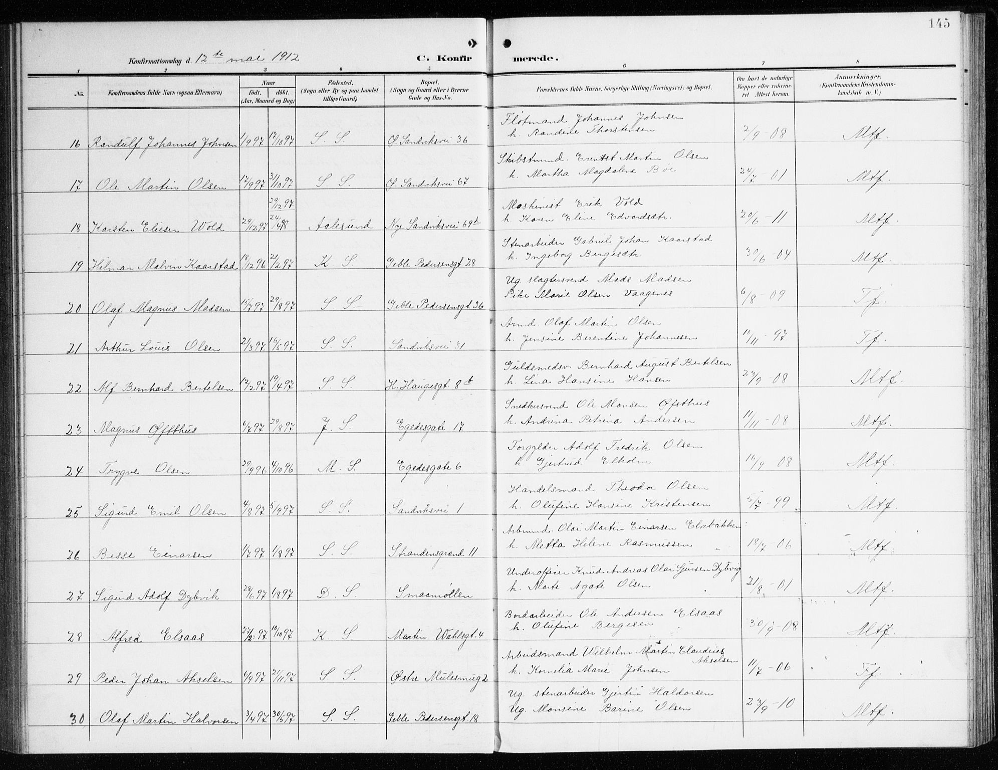 Sandviken Sokneprestembete, AV/SAB-A-77601/H/Ha/L0011: Parish register (official) no. C 2, 1905-1918, p. 145