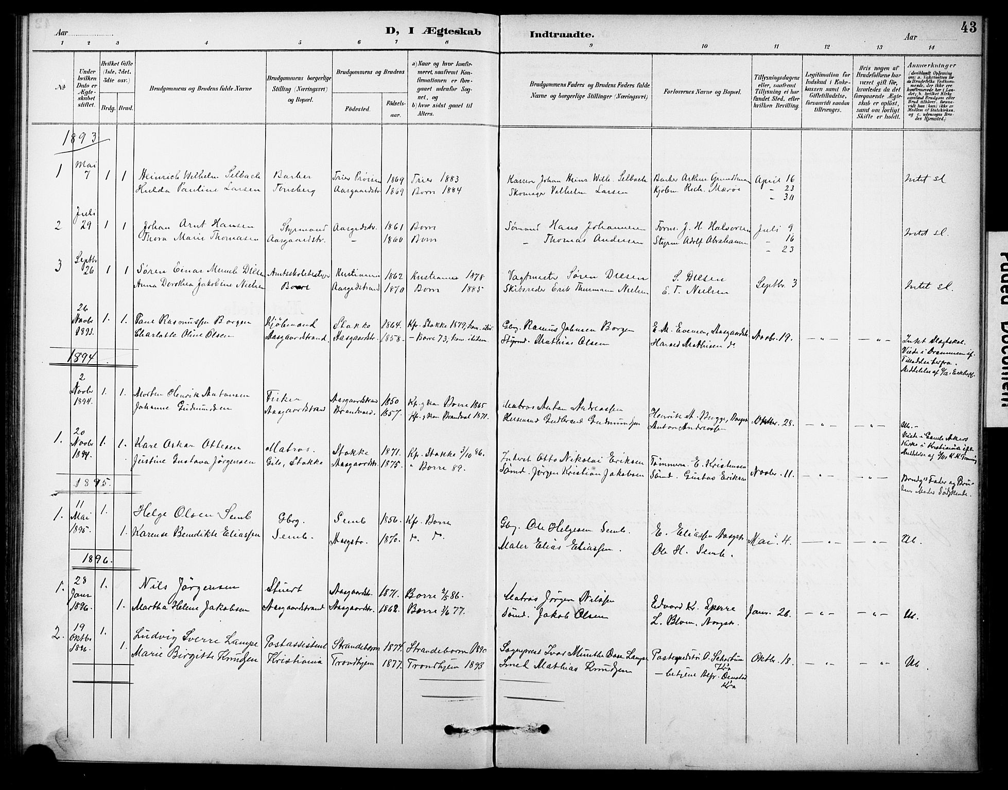 Borre kirkebøker, AV/SAKO-A-338/F/Fb/L0002: Parish register (official) no. II 2, 1893-1905, p. 43