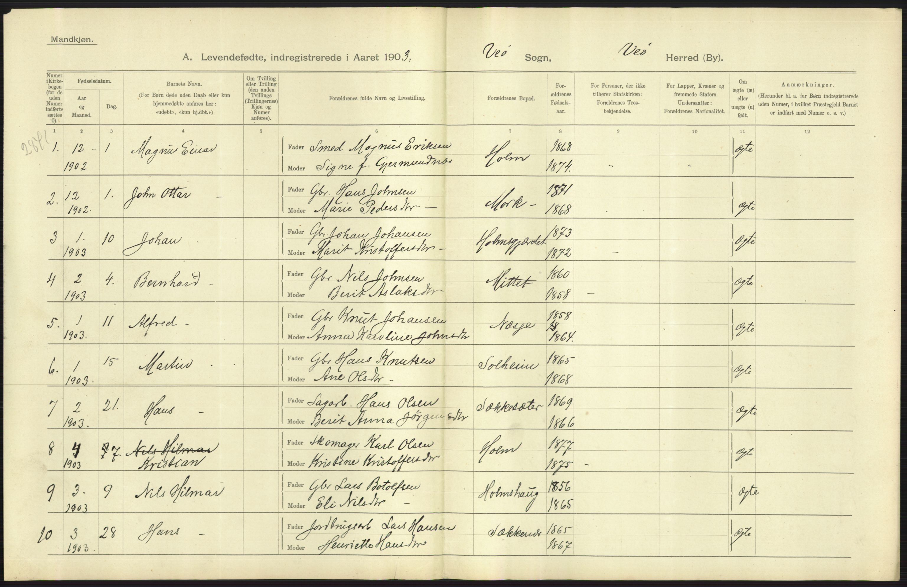 Statistisk sentralbyrå, Sosiodemografiske emner, Befolkning, AV/RA-S-2228/D/Df/Dfa/Dfaa/L0016: Romsdal amt: Fødte, gifte, døde., 1903, p. 63