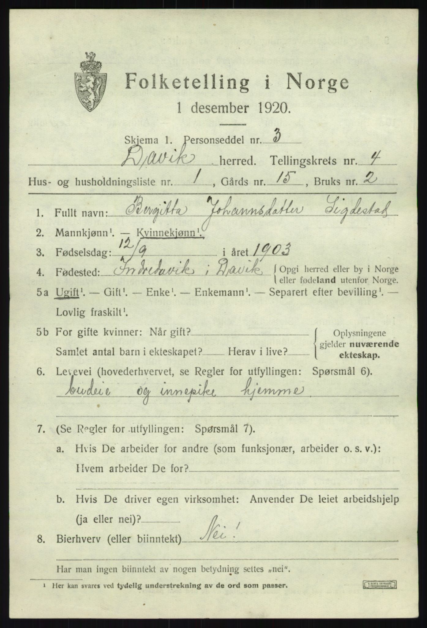 SAB, 1920 census for Davik, 1920, p. 2165