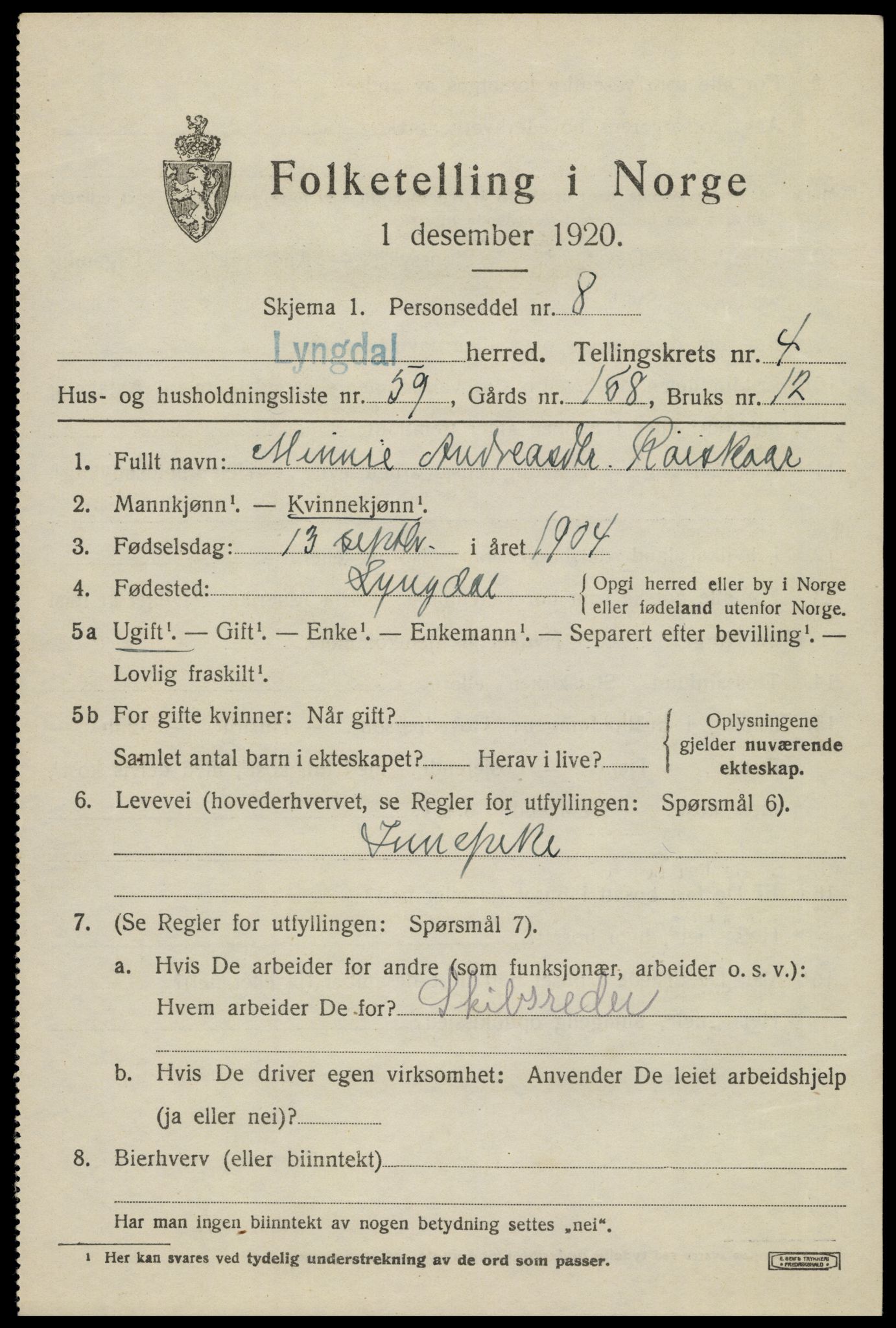 SAK, 1920 census for Lyngdal, 1920, p. 3003