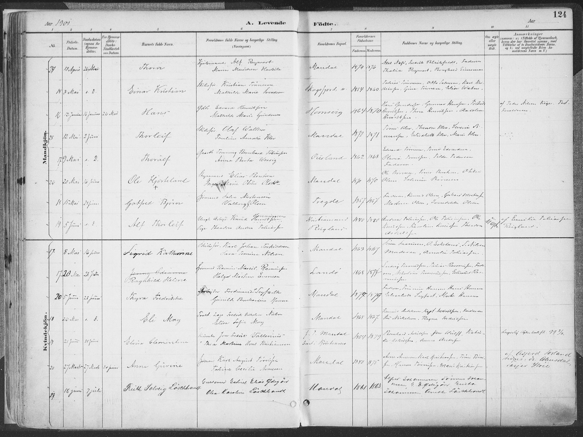 Mandal sokneprestkontor, AV/SAK-1111-0030/F/Fa/Faa/L0018: Parish register (official) no. A 18, 1890-1905, p. 124