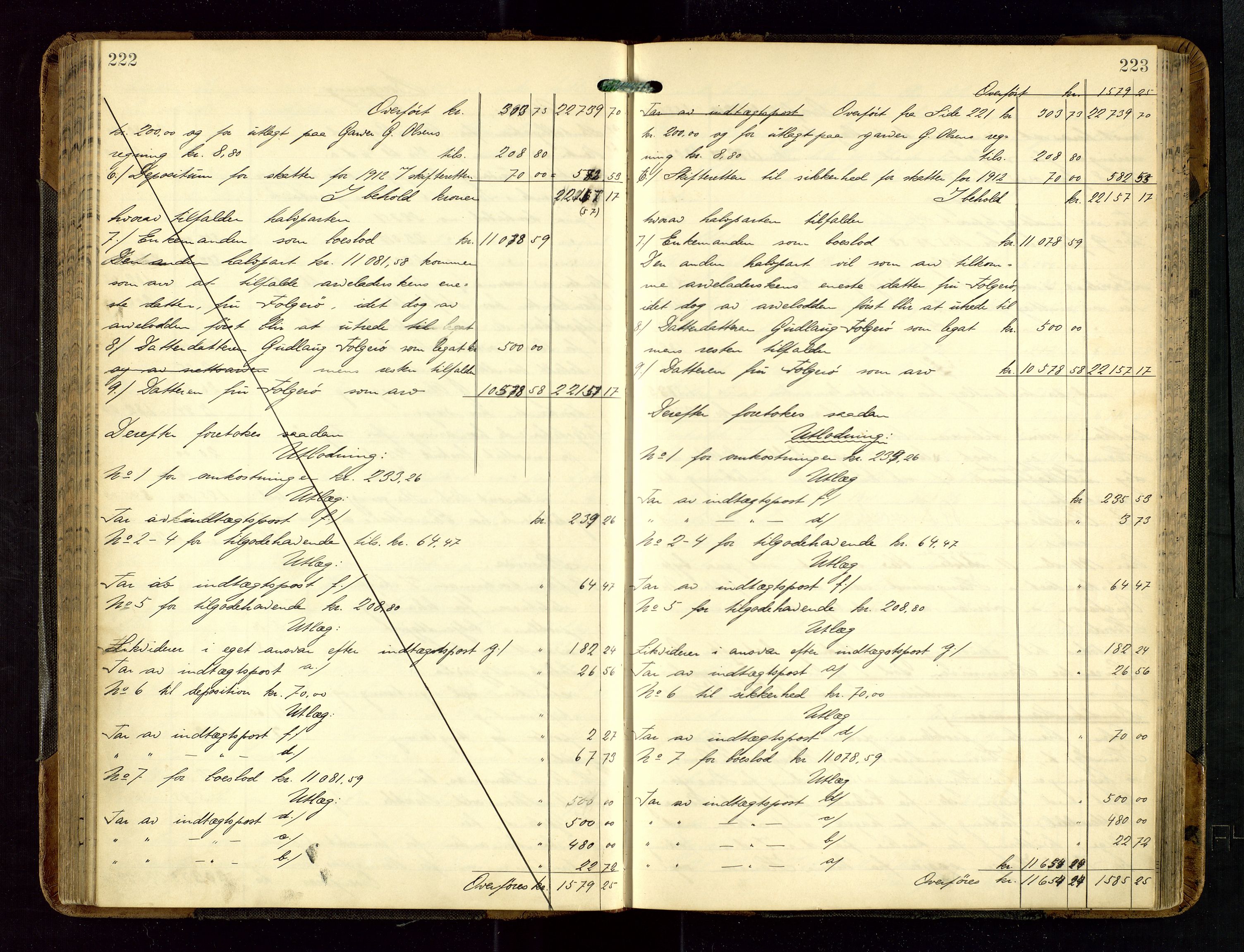 Haugesund tingrett, AV/SAST-A-101415/01/IV/IVD/L0002: Skifteutlodningsprotokoll, med register, 1904-1915, p. 222-223