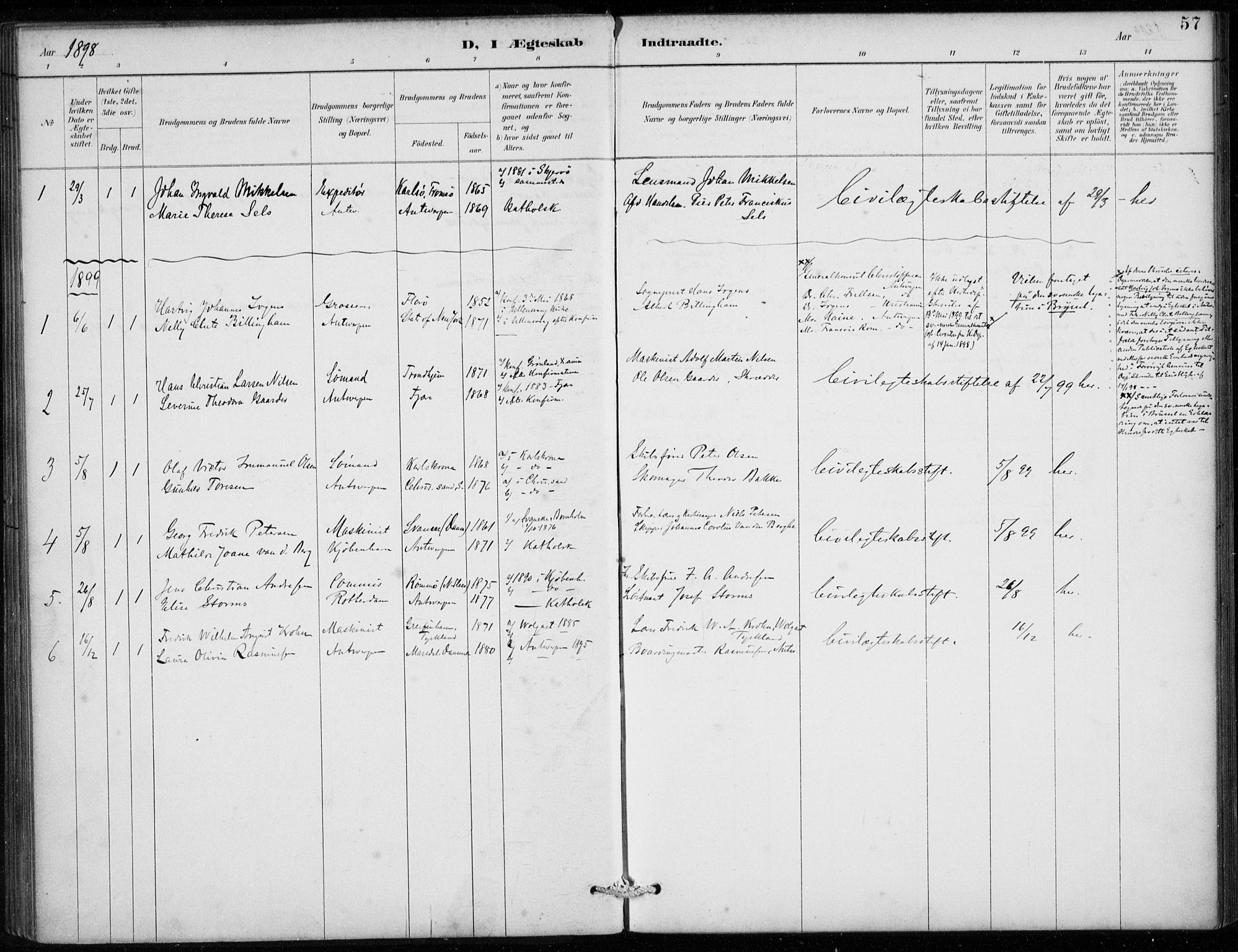Den norske sjømannsmisjon i utlandet/Antwerpen, SAB/SAB/PA-0105/H/Ha/L0002: Parish register (official) no. A 2, 1887-1913, p. 57