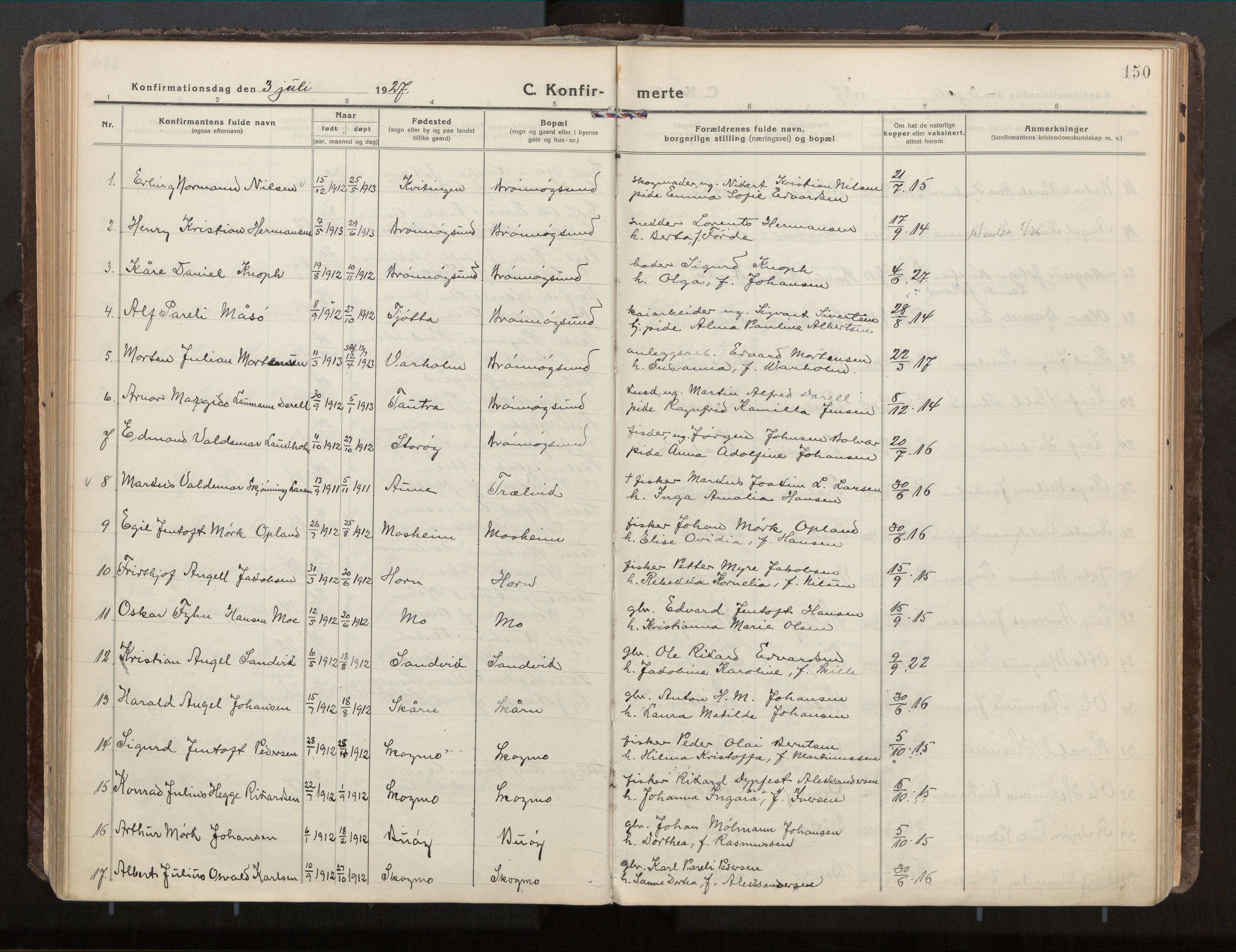 Ministerialprotokoller, klokkerbøker og fødselsregistre - Nordland, AV/SAT-A-1459/813/L0207a: Parish register (official) no. 813A18, 1919-1927, p. 150