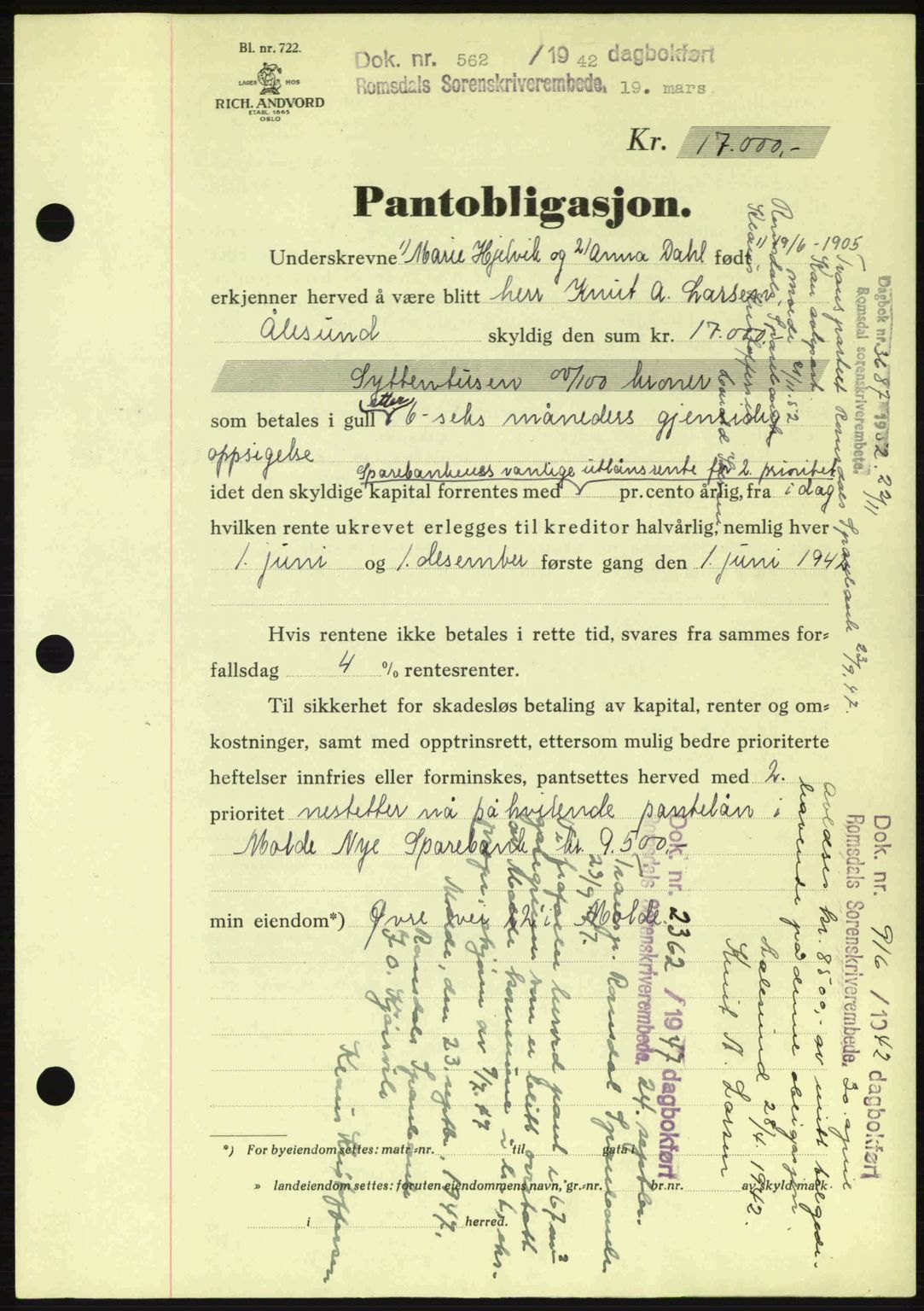 Romsdal sorenskriveri, AV/SAT-A-4149/1/2/2C: Mortgage book no. B2, 1939-1945, Diary no: : 562/1942