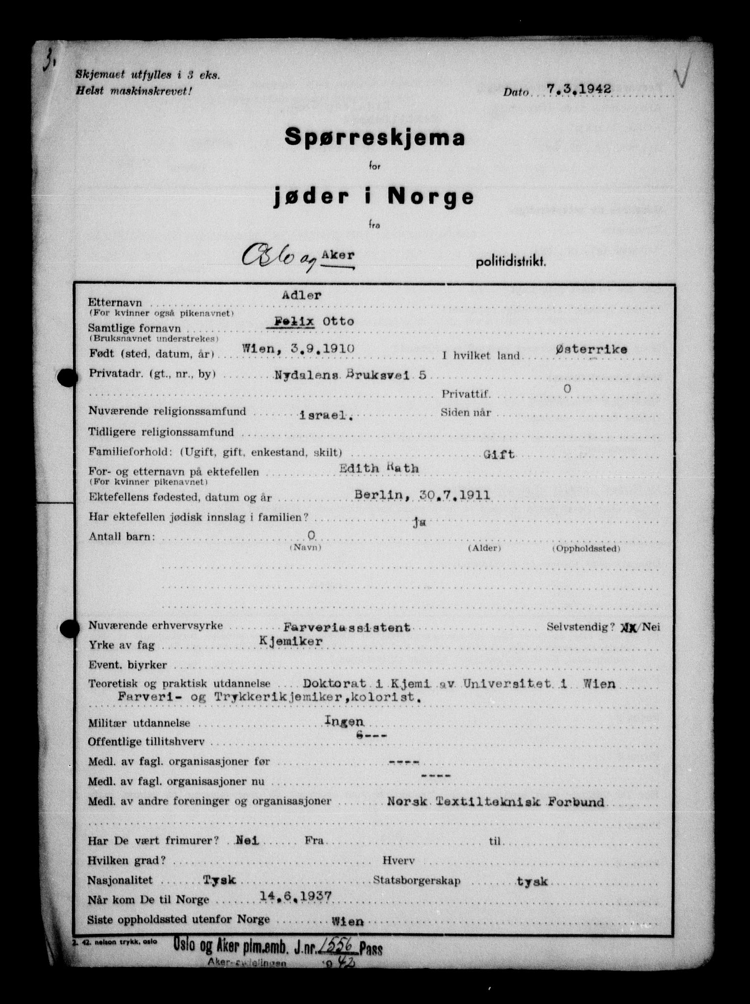 Statspolitiet - Hovedkontoret / Osloavdelingen, AV/RA-S-1329/G/Ga/L0011: Spørreskjema for jøder i Norge. 1: Oslo 610-806 (Plavnik-Zwillinger). 2: Aker 1-113 (Adler-Lewin). , 1942, p. 594