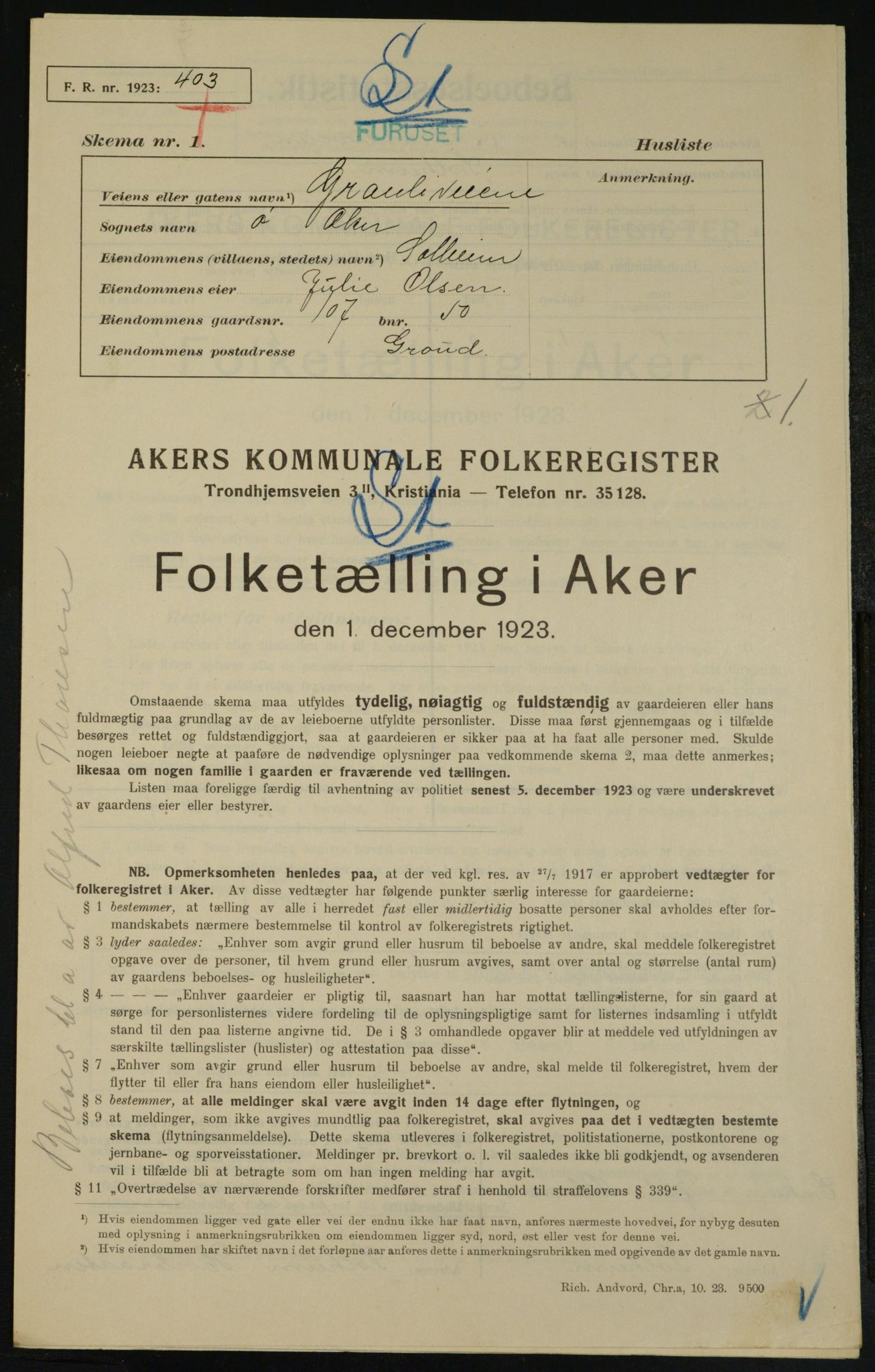 , Municipal Census 1923 for Aker, 1923, p. 25084