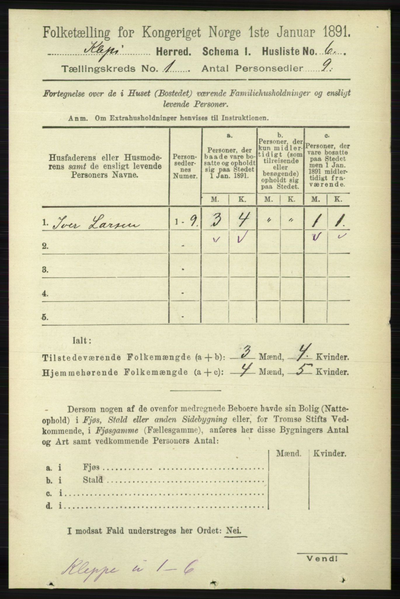 RA, 1891 census for 1120 Klepp, 1891, p. 33