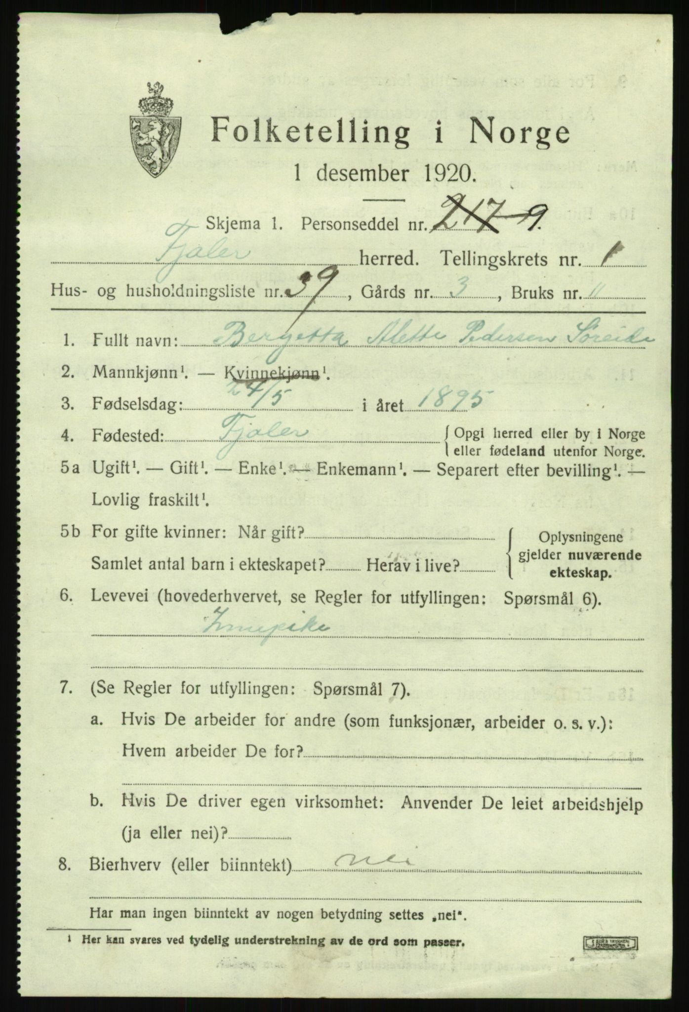 SAB, 1920 census for Fjaler, 1920, p. 1809