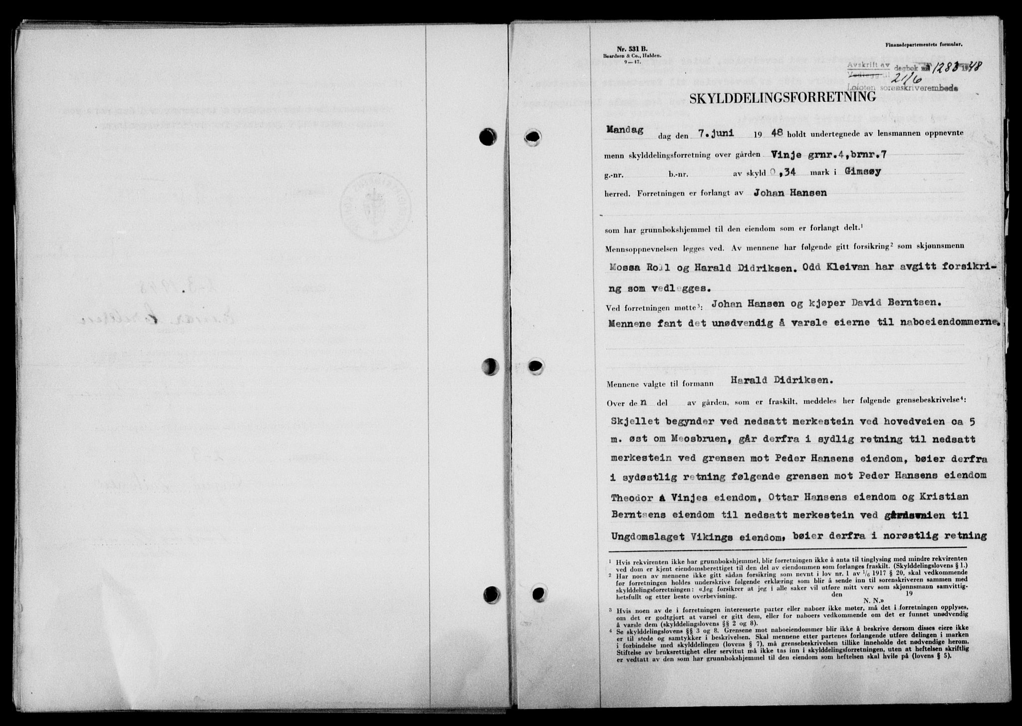 Lofoten sorenskriveri, SAT/A-0017/1/2/2C/L0018a: Mortgage book no. 18a, 1948-1948, Diary no: : 1283/1948