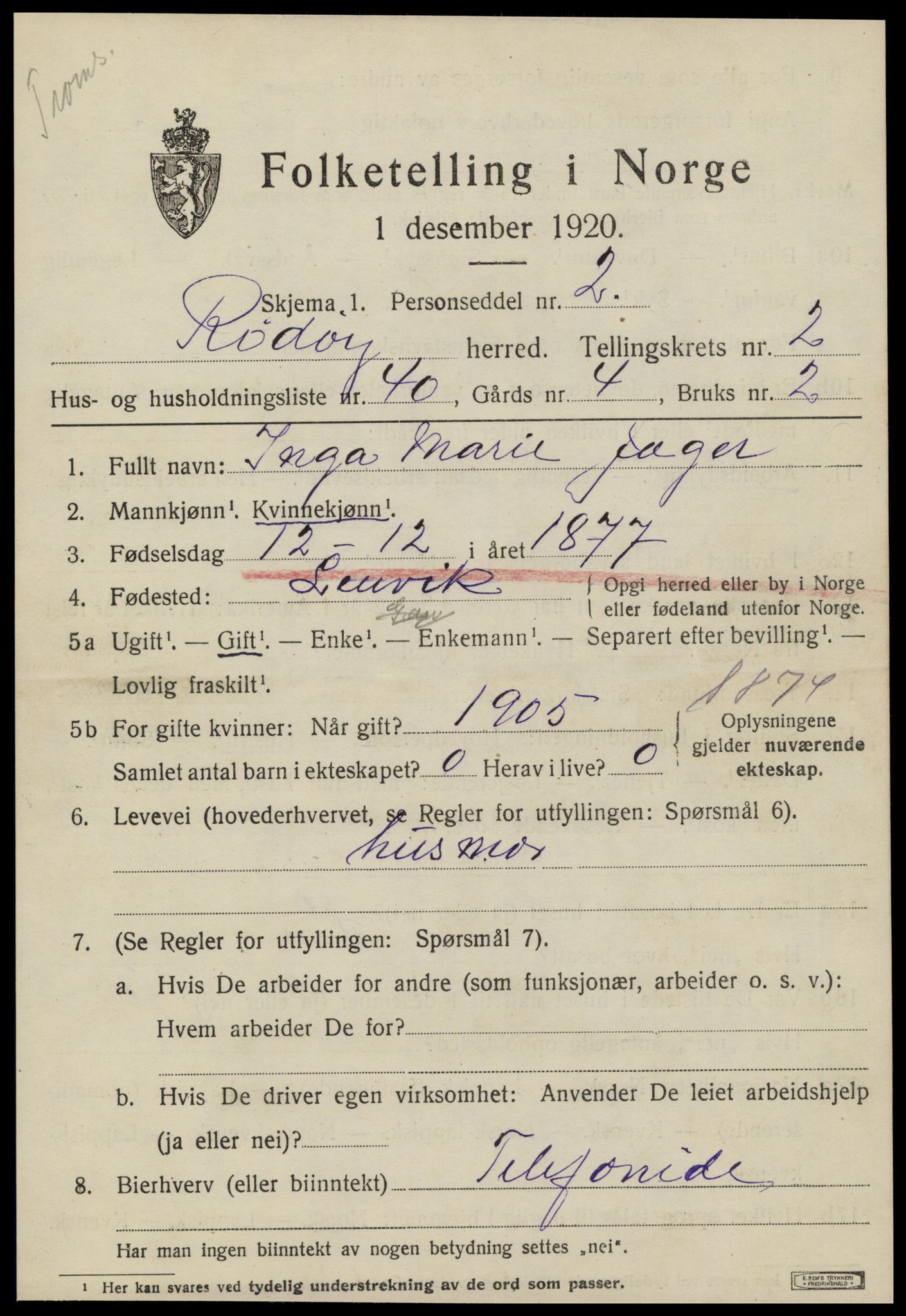 SAT, 1920 census for Rødøy, 1920, p. 2116