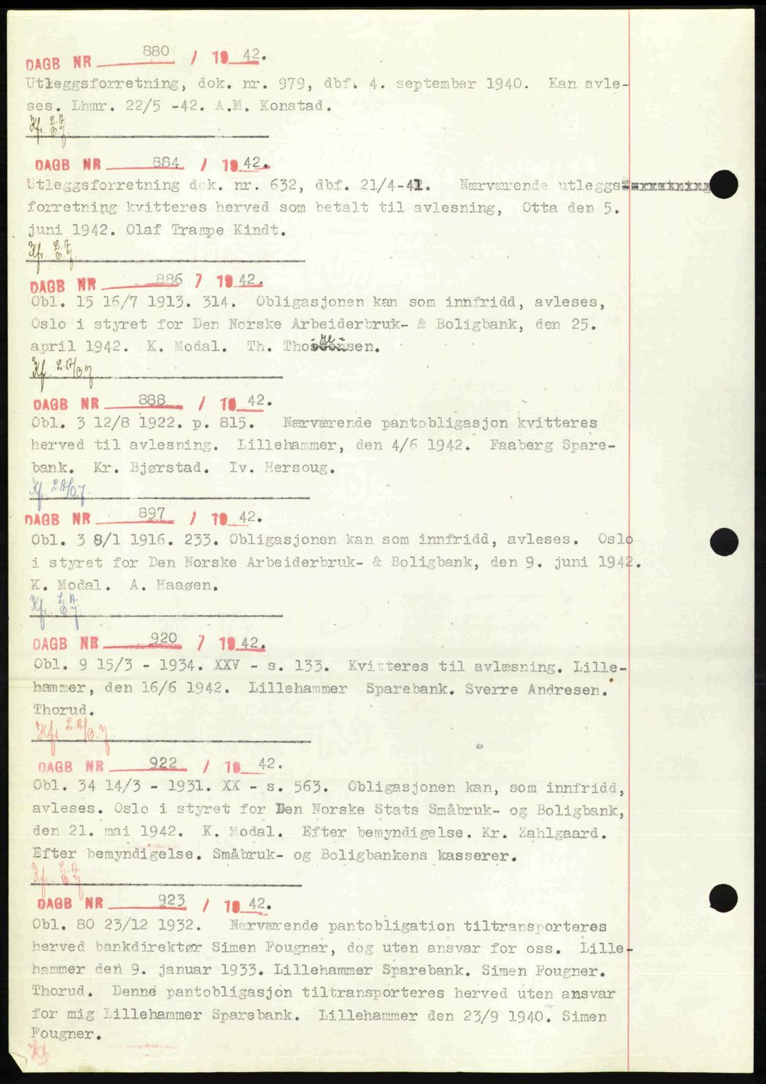 Sør-Gudbrandsdal tingrett, SAH/TING-004/H/Hb/Hbf/L0002: Mortgage book no. C1, 1938-1951, Diary no: : 880/1942