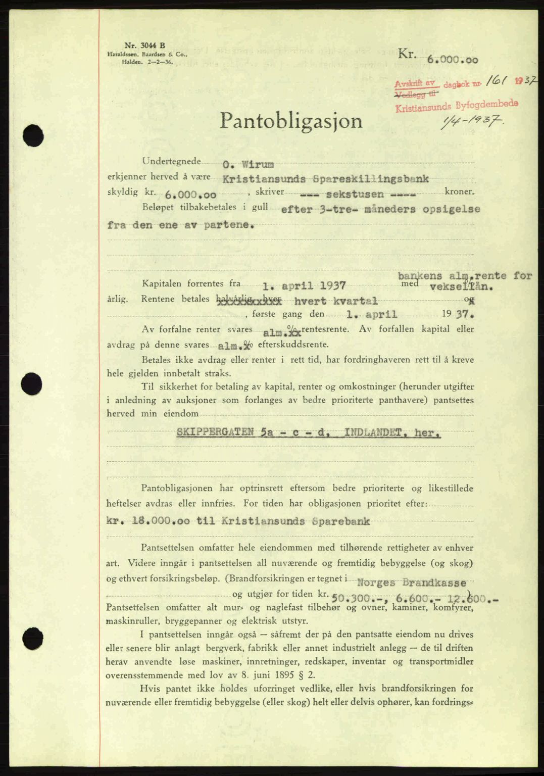 Kristiansund byfogd, AV/SAT-A-4587/A/27: Mortgage book no. 29, 1936-1937, Diary no: : 161/1937