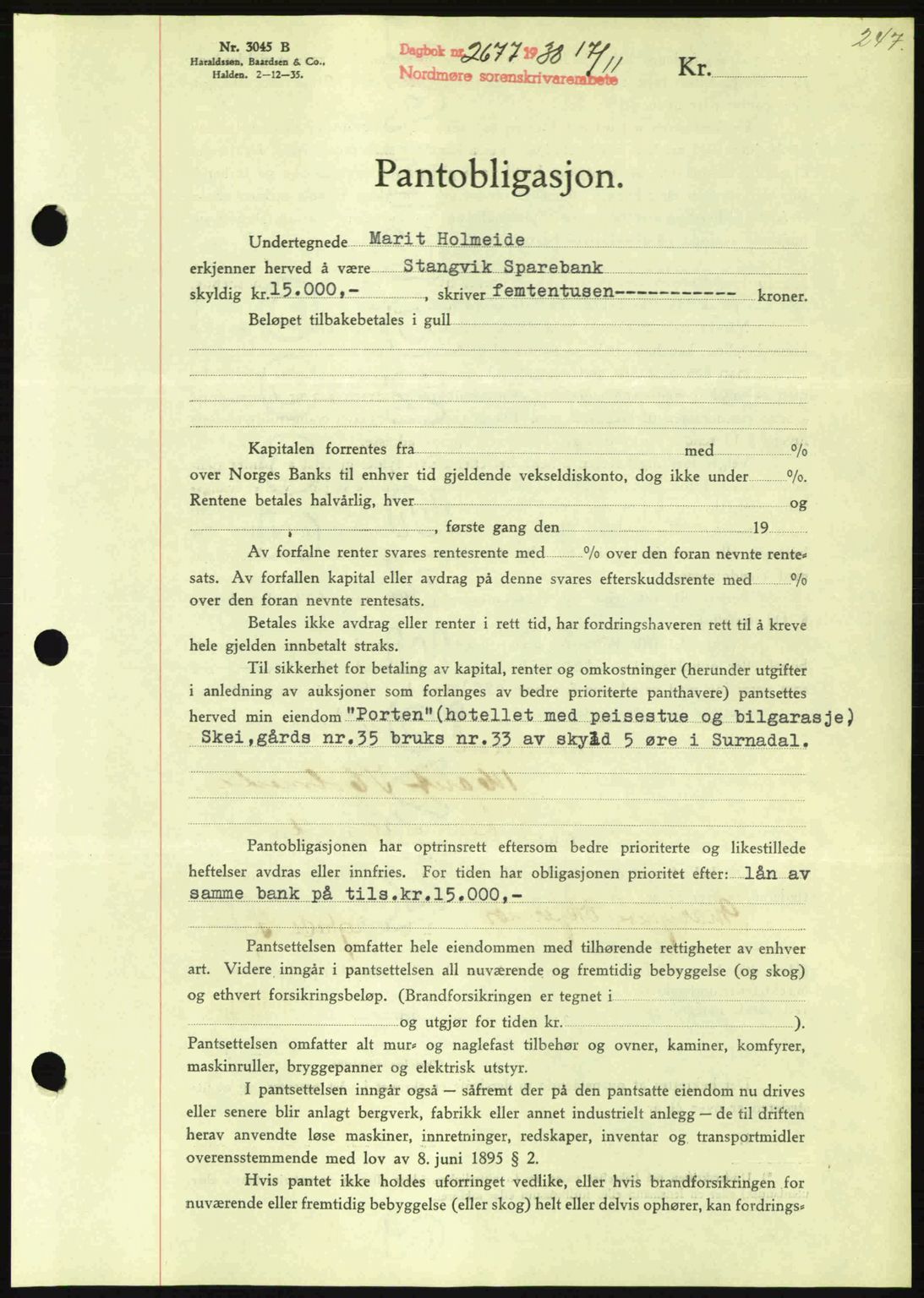 Nordmøre sorenskriveri, SAT/A-4132/1/2/2Ca: Mortgage book no. B84, 1938-1939, Diary no: : 2677/1938