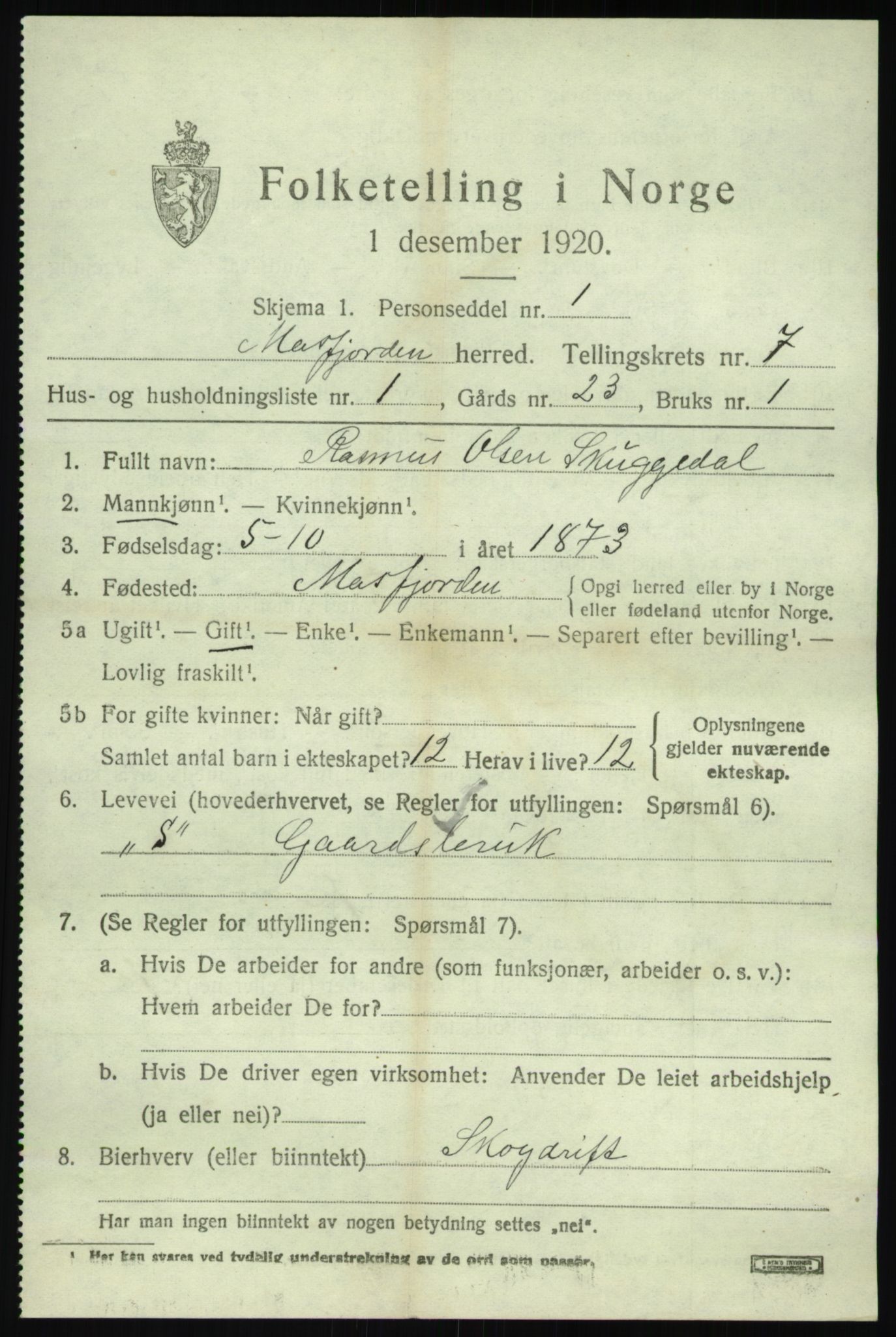 SAB, 1920 census for Masfjorden, 1920, p. 2629