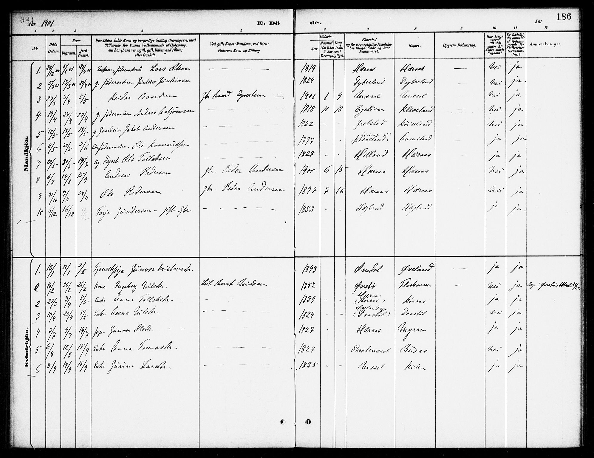 Bjelland sokneprestkontor, SAK/1111-0005/F/Fa/Fab/L0004: Parish register (official) no. A 4, 1887-1920, p. 186