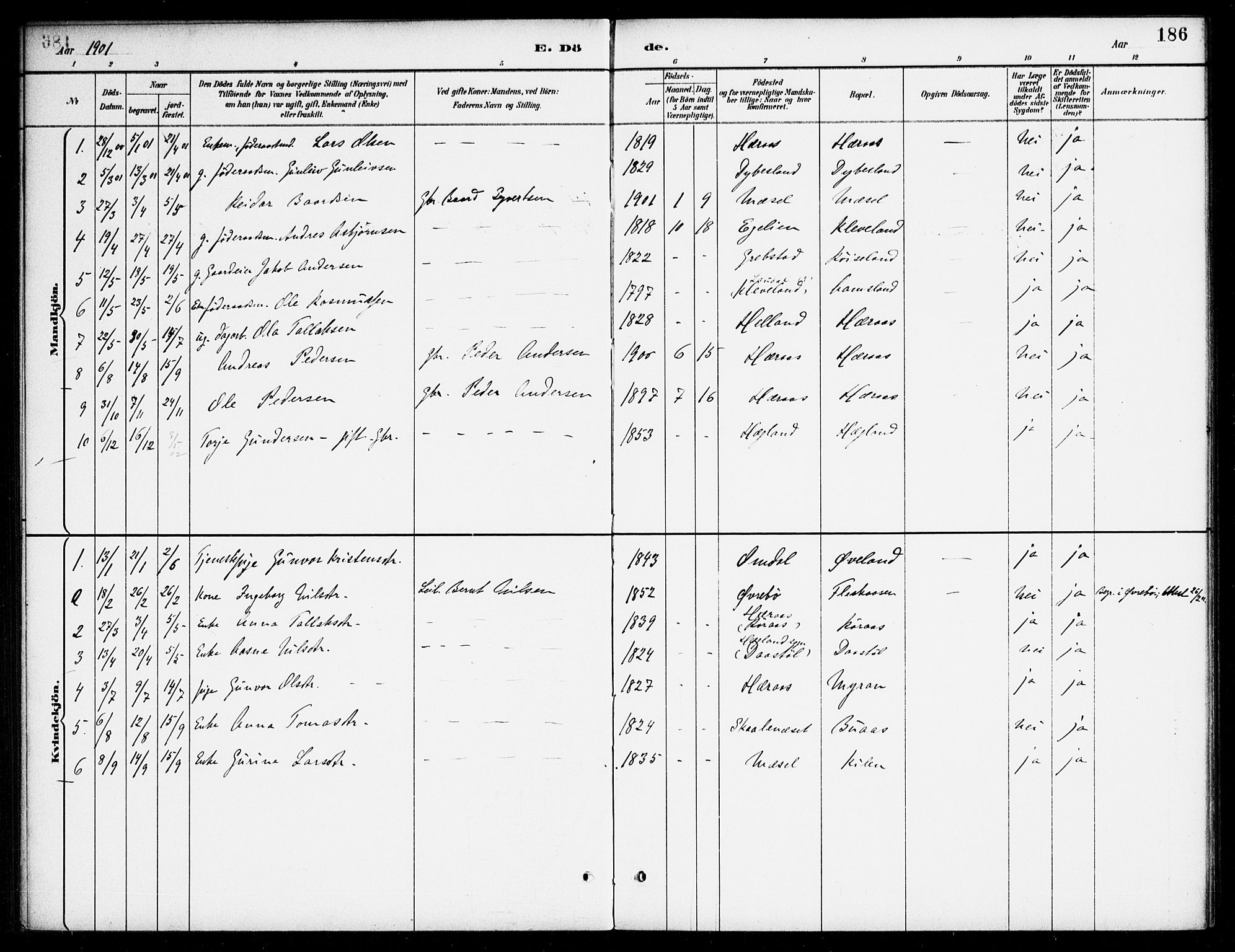 Bjelland sokneprestkontor, AV/SAK-1111-0005/F/Fa/Fab/L0004: Parish register (official) no. A 4, 1887-1920, p. 186