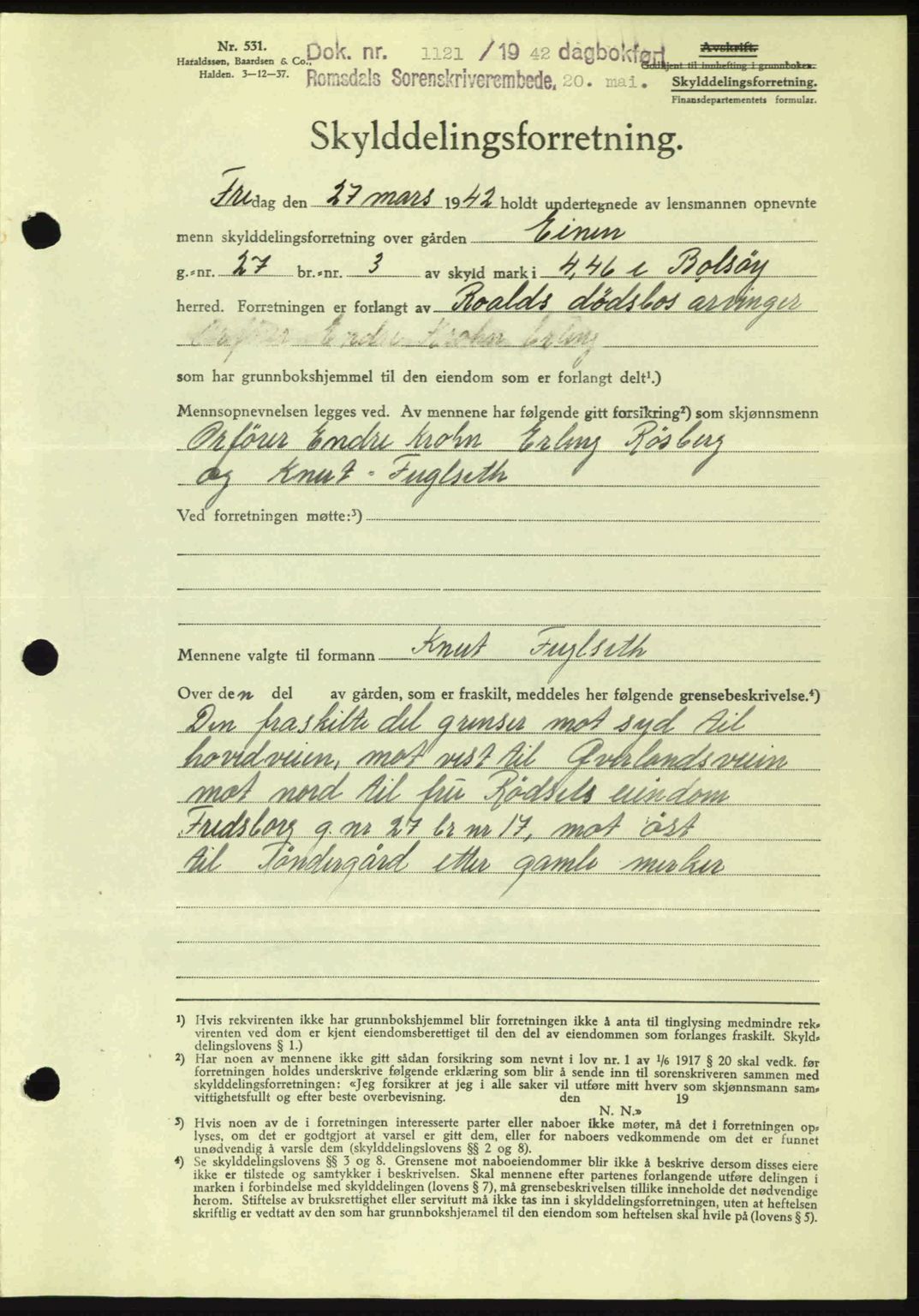 Romsdal sorenskriveri, AV/SAT-A-4149/1/2/2C: Mortgage book no. A12, 1942-1942, Diary no: : 1121/1942