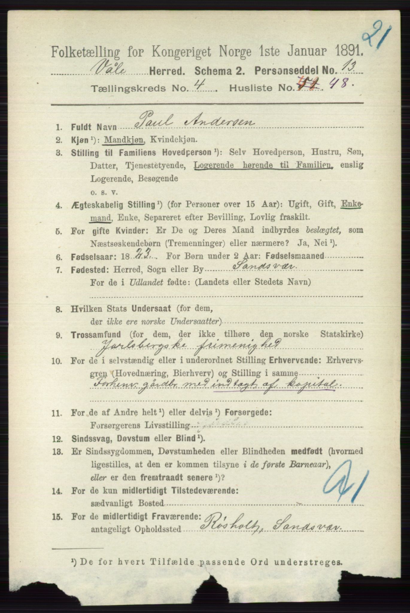 RA, 1891 census for 0716 Våle, 1891, p. 1297