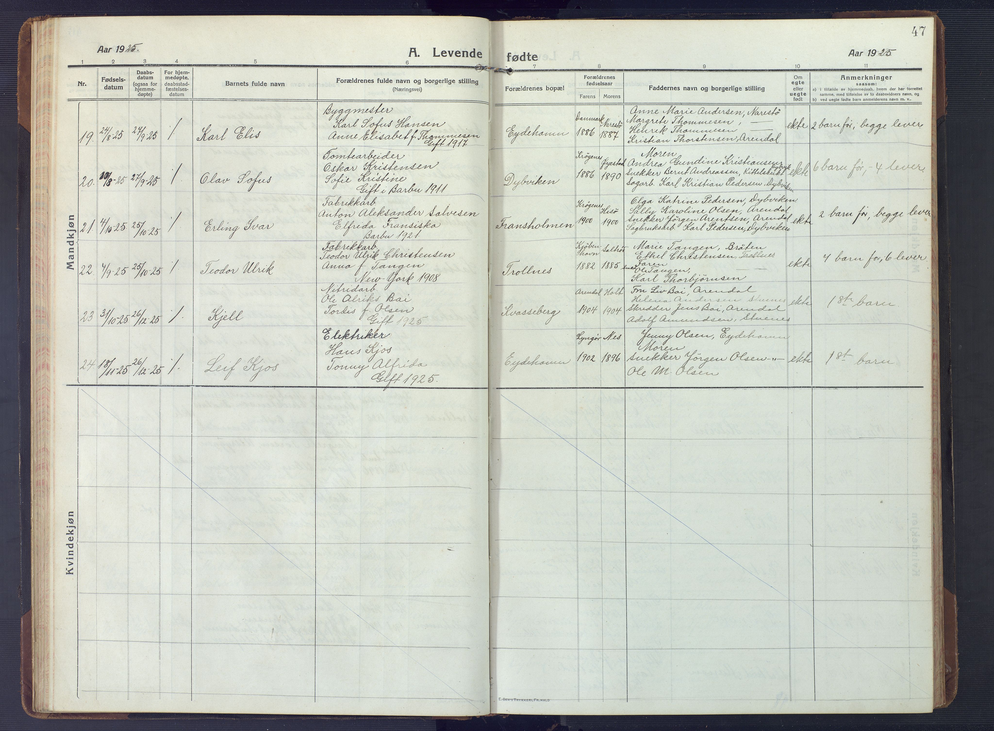 Austre Moland sokneprestkontor, AV/SAK-1111-0001/F/Fb/Fbb/L0004: Parish register (copy) no. B 4, 1914-1929, p. 47