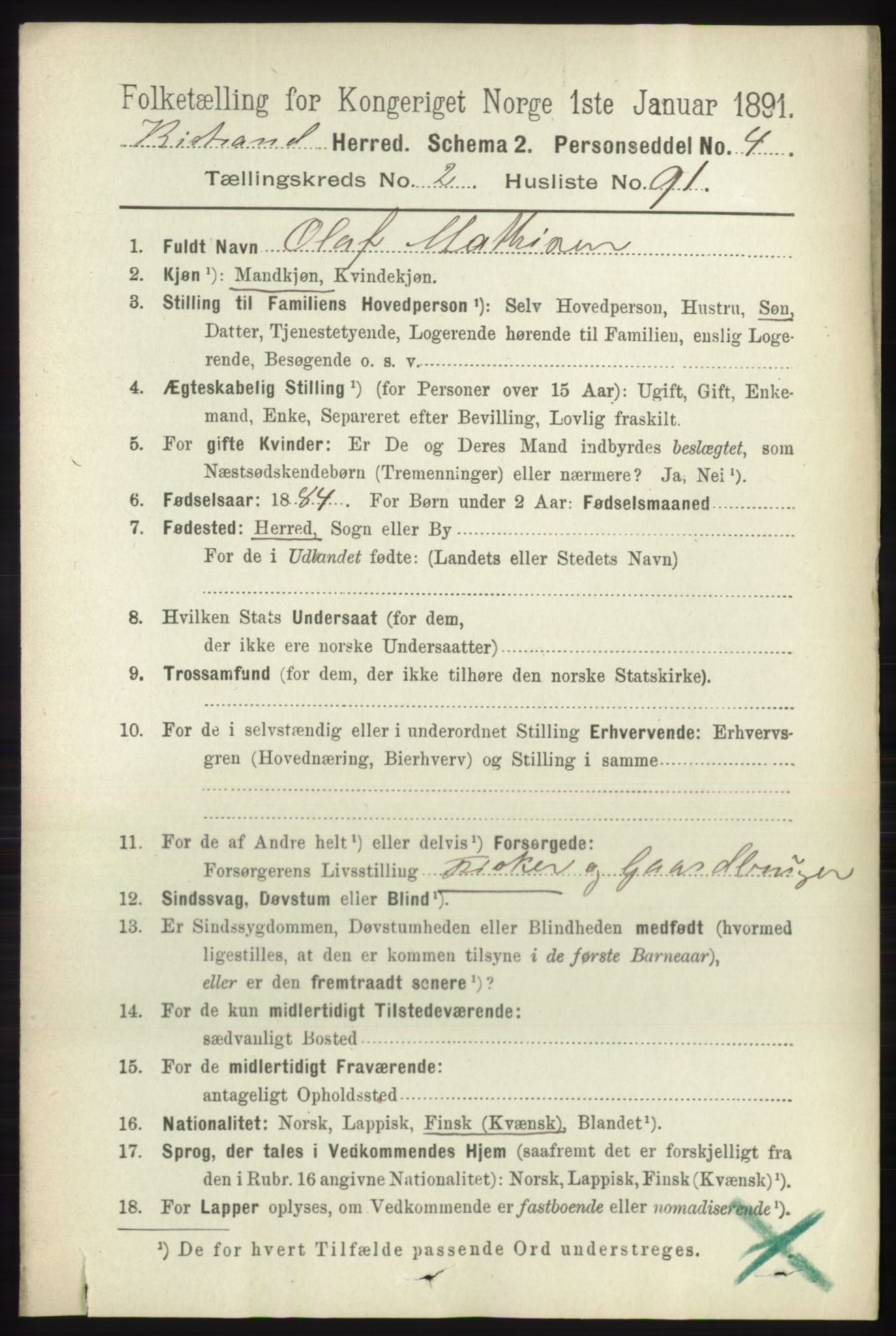 RA, 1891 census for 2020 Kistrand, 1891, p. 1163