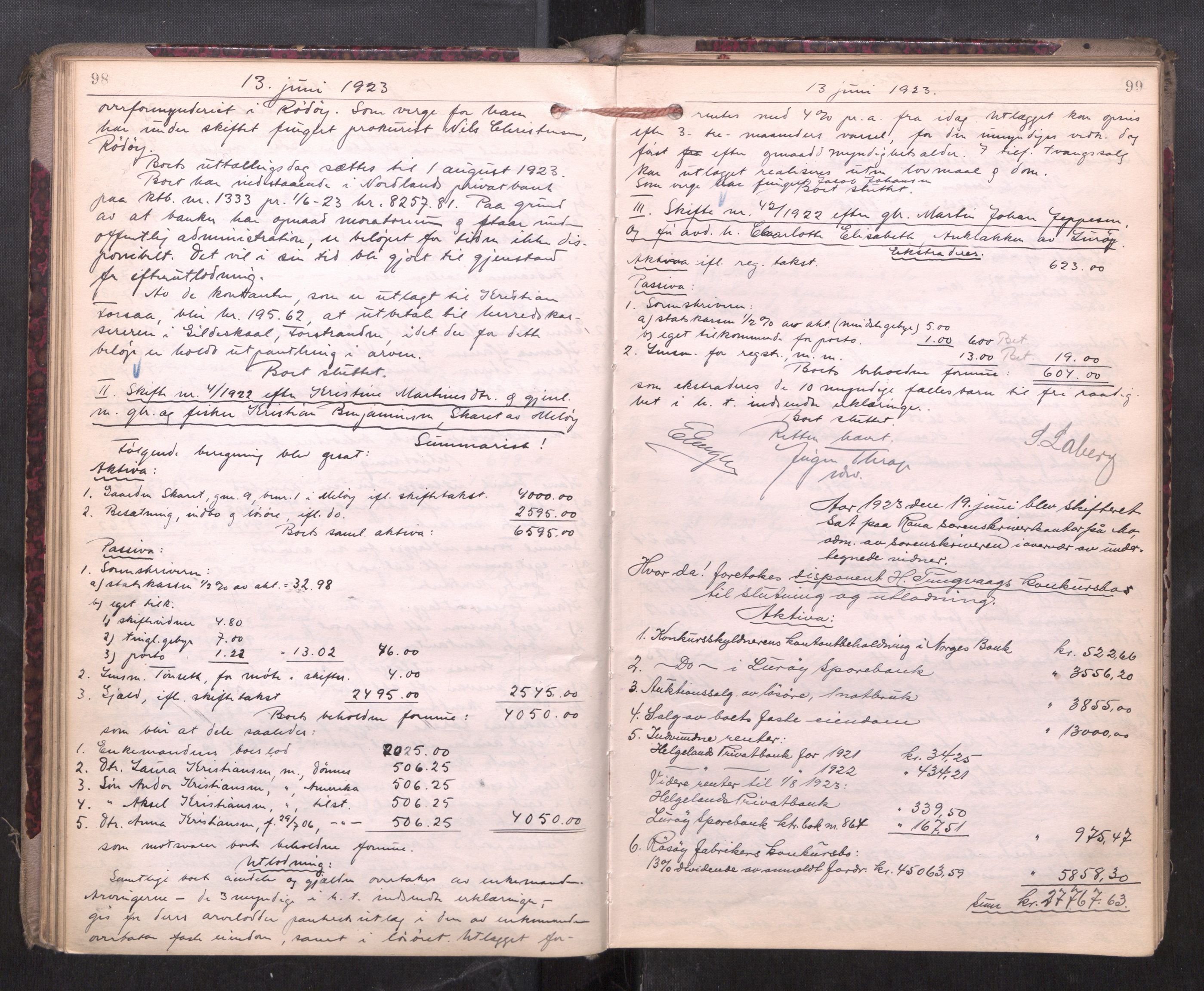 Rana sorenskriveri , AV/SAT-A-1108/1/3/3A/L0010: Skifteslutningsprotokoll, 1921-1927, p. 98-99