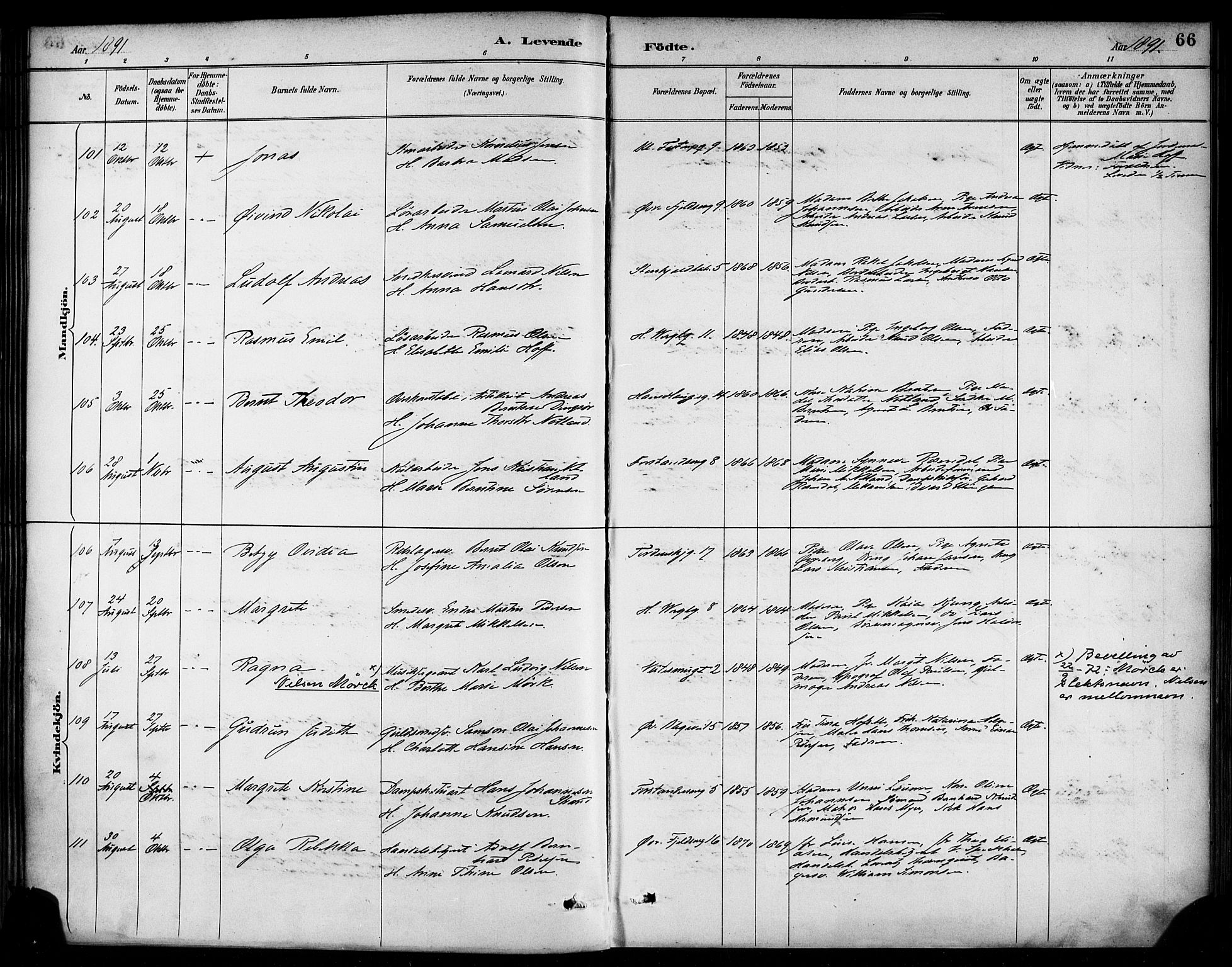 Korskirken sokneprestembete, AV/SAB-A-76101/H/Haa/L0022: Parish register (official) no. B 8, 1889-1899, p. 66