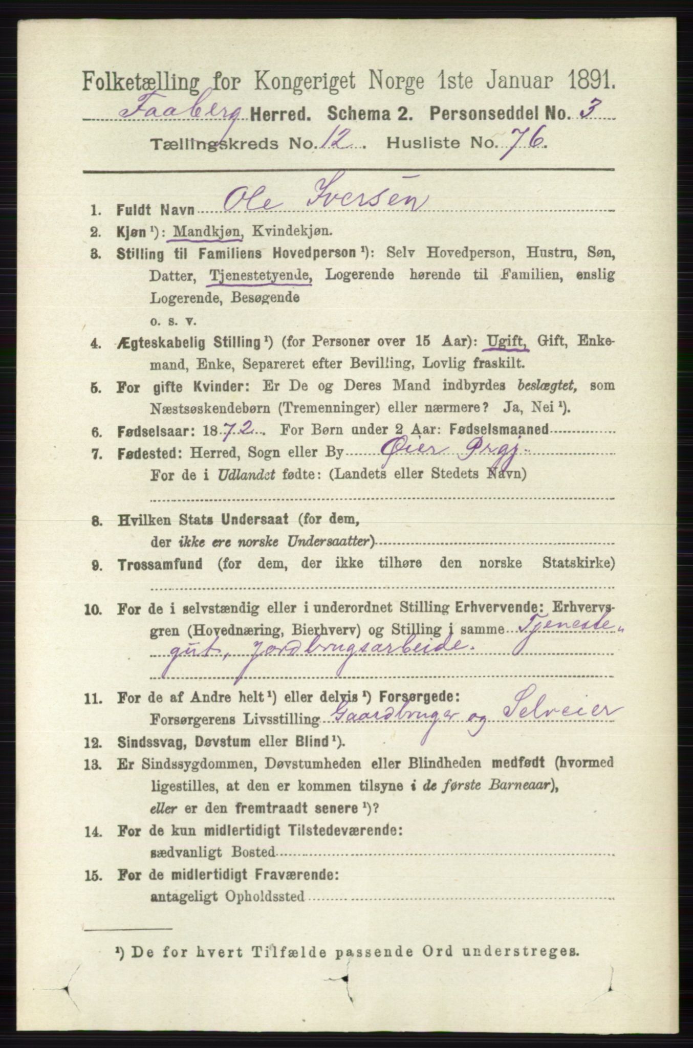 RA, 1891 census for 0524 Fåberg, 1891, p. 5167