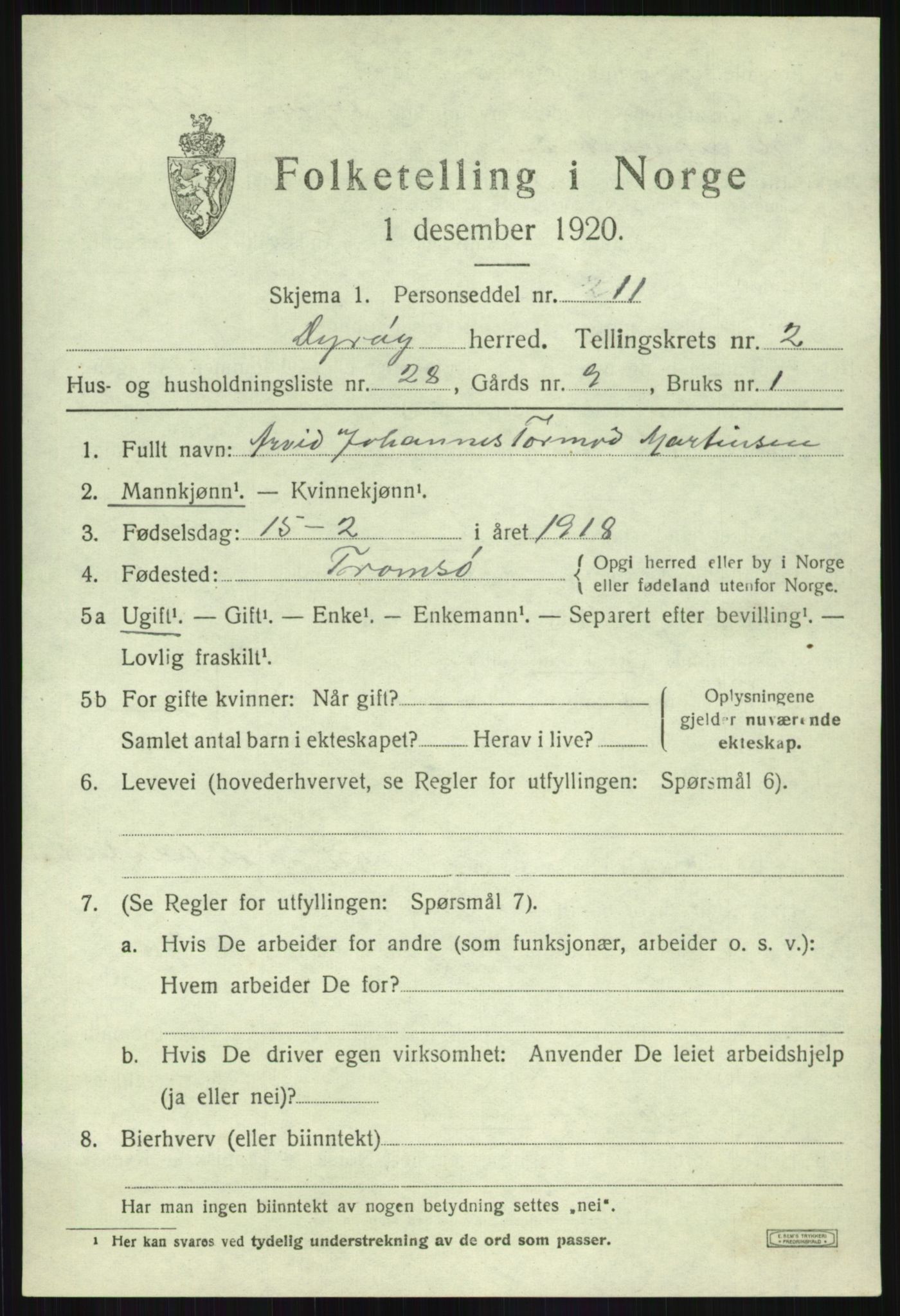 SATØ, 1920 census for Dyrøy, 1920, p. 1625